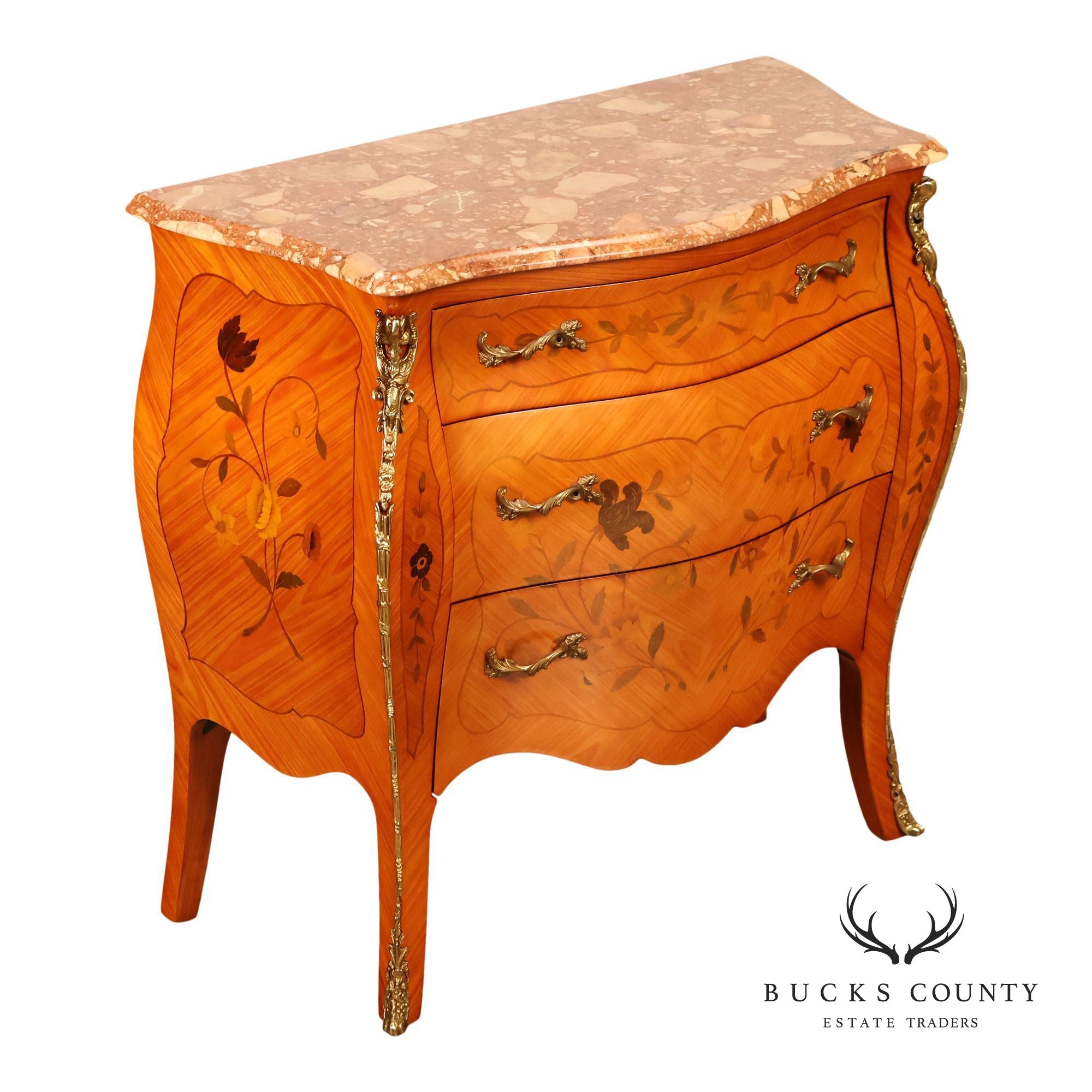 Italian Louis XV Style Marquetry Inlaid Marble Top Bombe Chest Commode