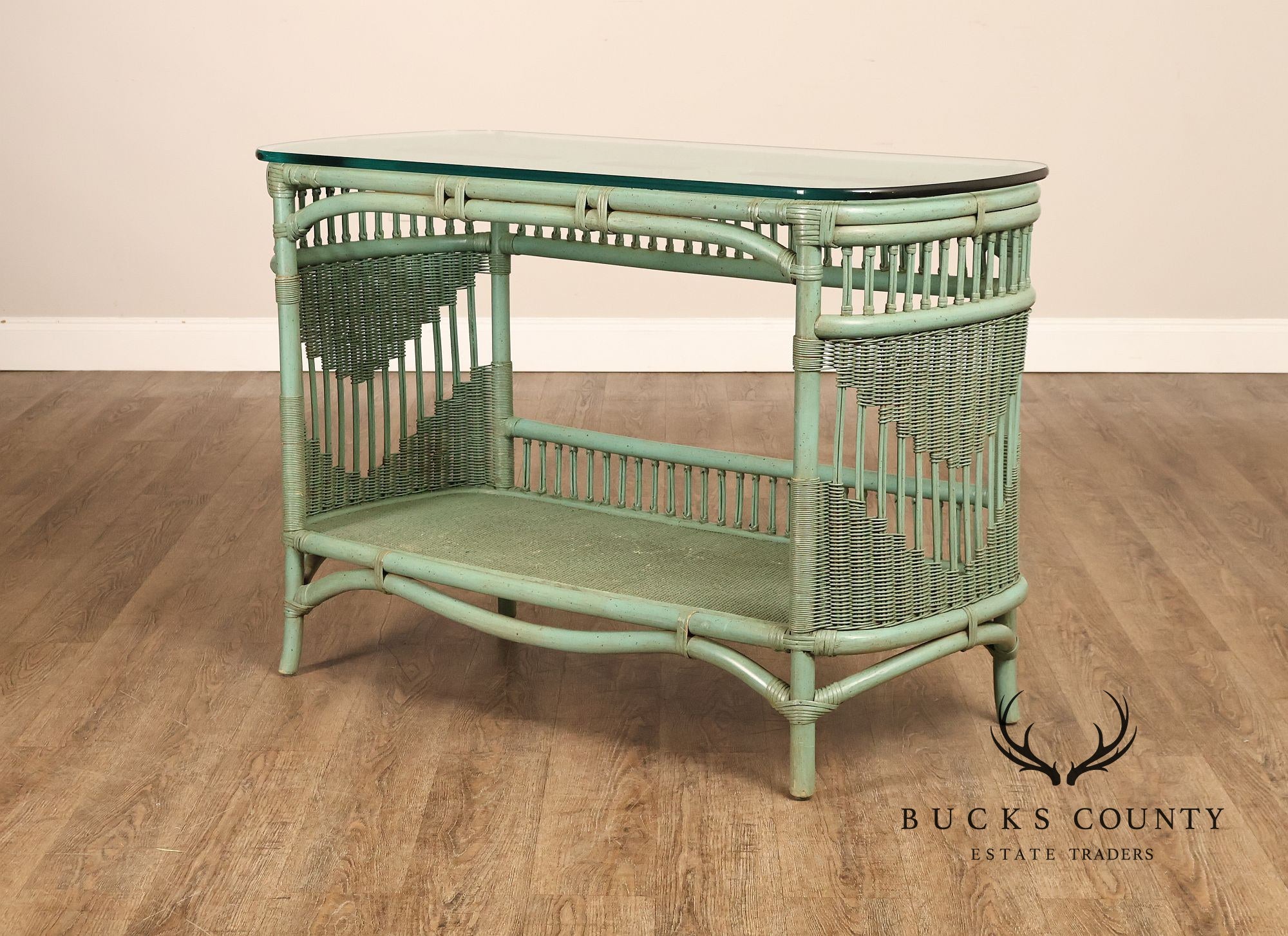 Boho Chic Glass Top Painted Rattan Glass Top Console Table