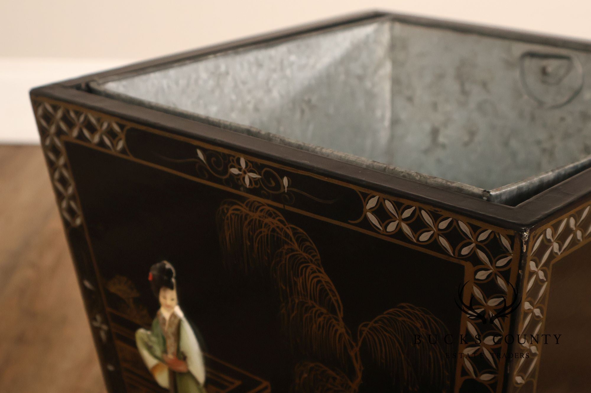 Chinese Black Lacquer Mother Of Pearl Inlaid Figural Planter On Matching Stand