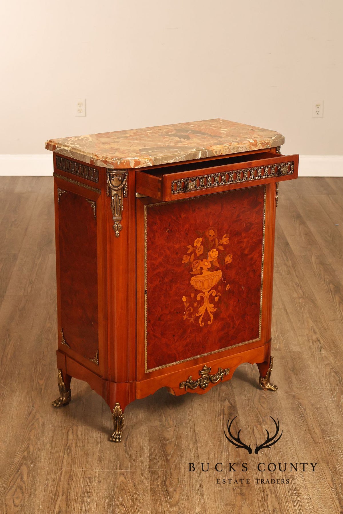 Louis XVI Style Marble Top Marquetry And Bronze Mounted Cabinet