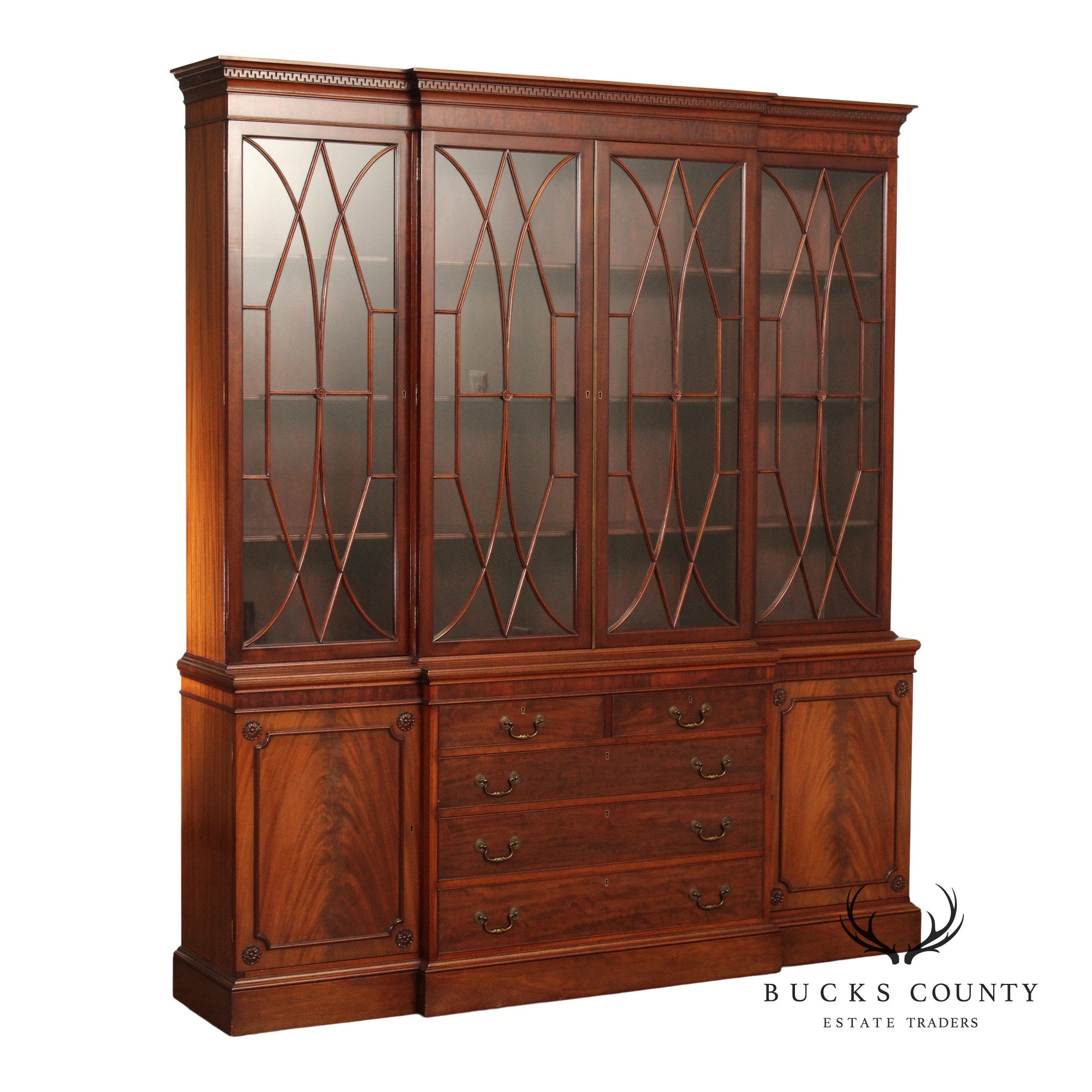 Regency Style Mahogany Breakfront Bookcase Cabinet