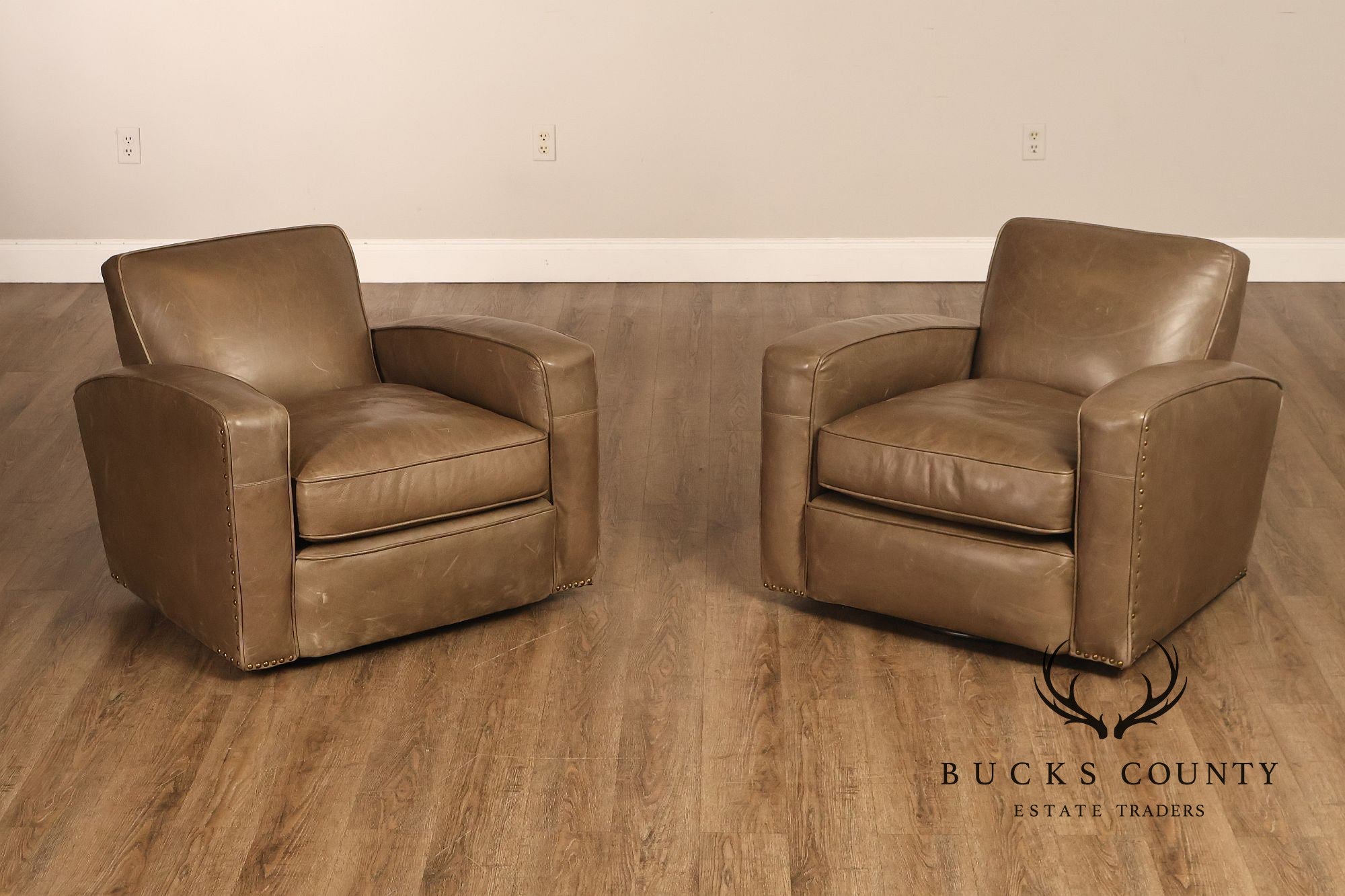 Restoration Hardware Pair Of Leather Swivel Club Chairs