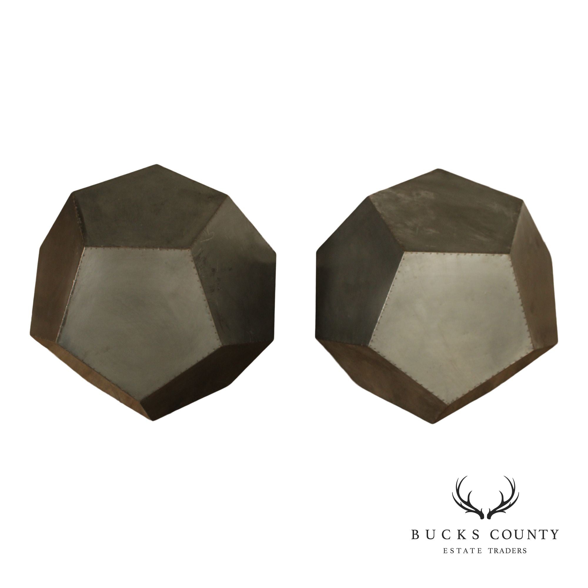 Restoration Hardware Industrial Style Zinc Polyhedron Side Tables Pair