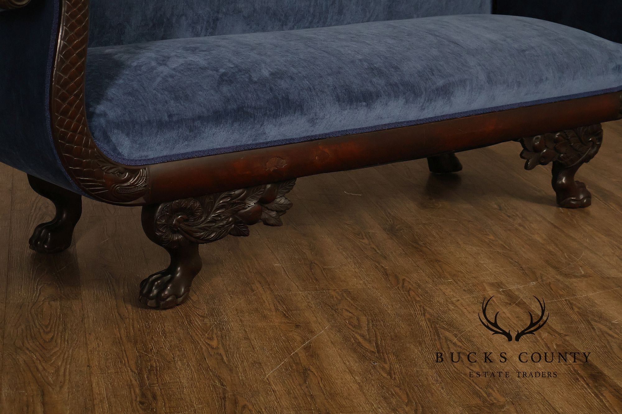 Antique American Empire Mahogany Carved Swan Arm Sofa With Blue Upholstery