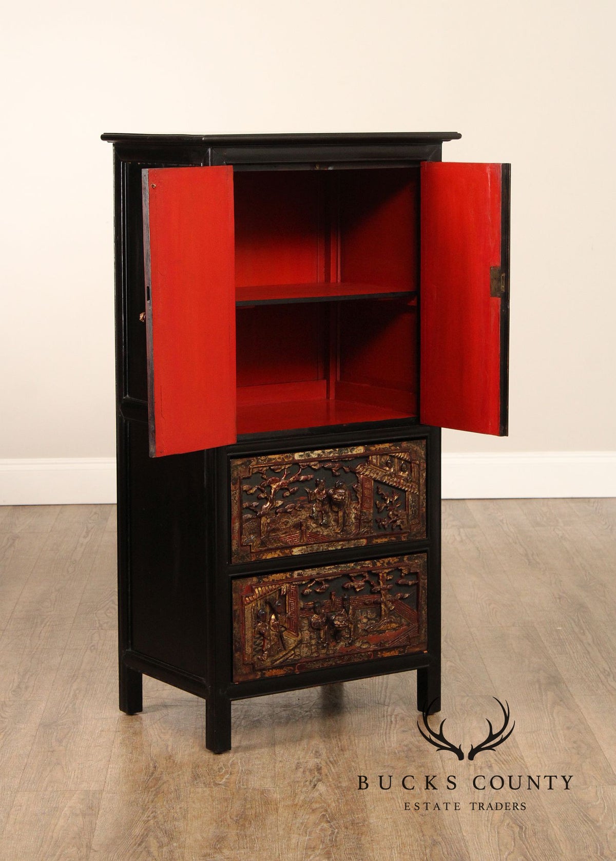 Chinese Export Style Carved Lacquer Cabinet