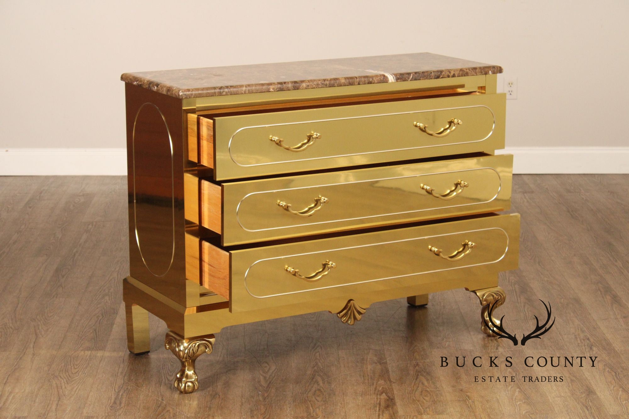 Harden Hollywood Regency Marble Top Brass Chest of Drawers