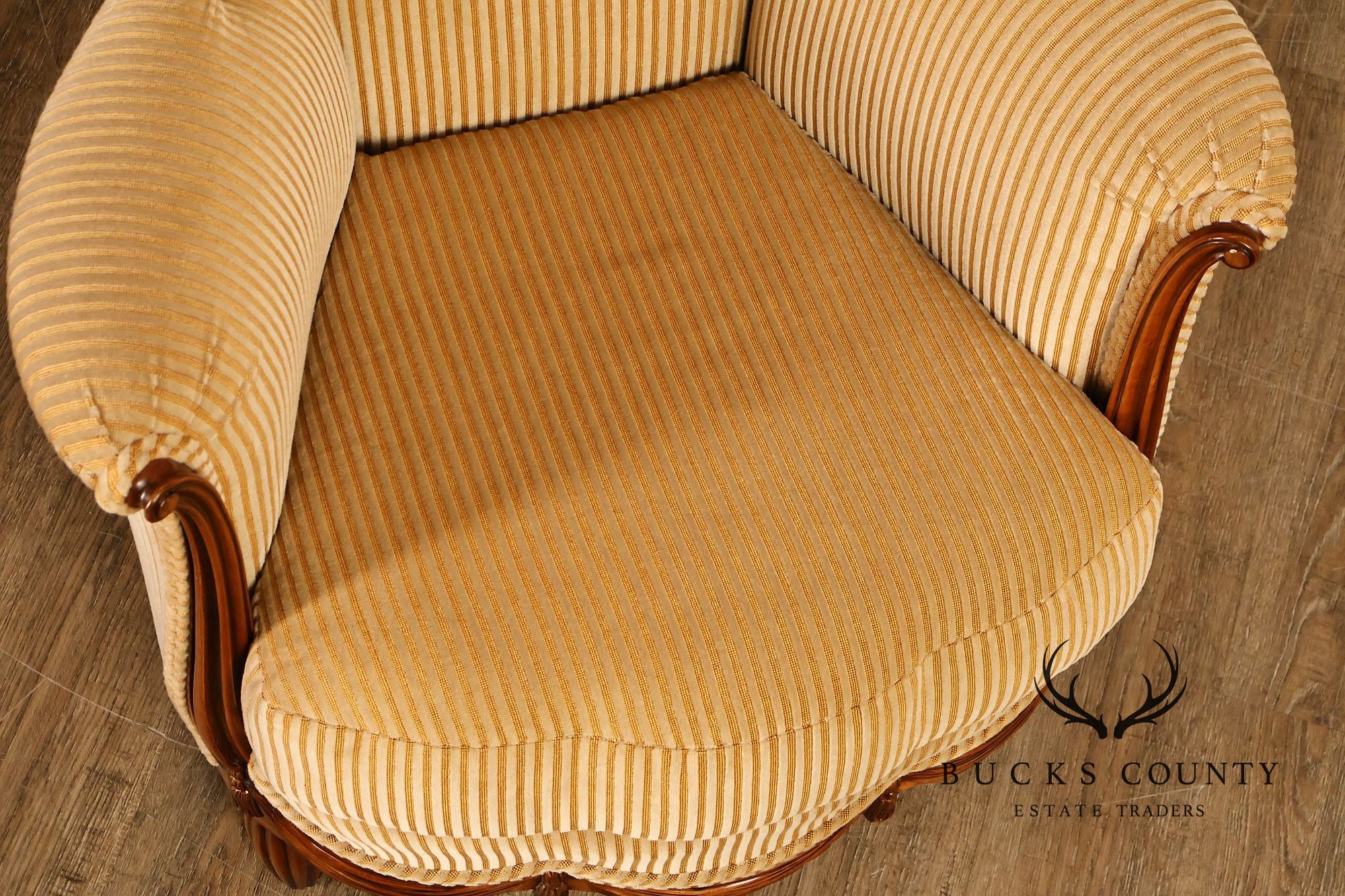 Medea Furniture Pair of Louis XVI Style Carved Bergere Armchairs With Gold Striped Velvet Upholstery