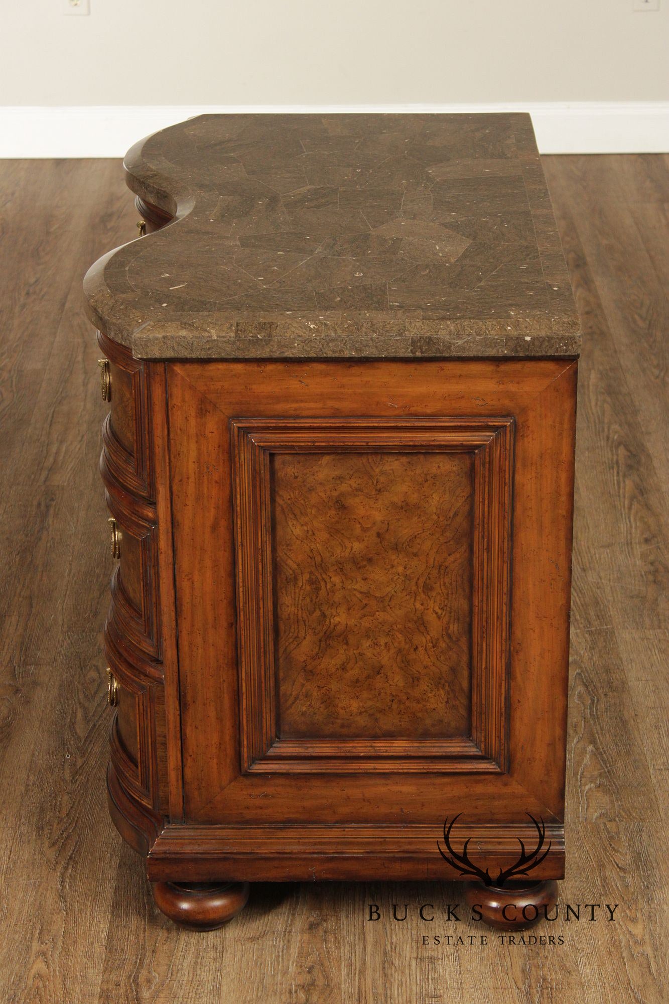 Maitland-Smith Pair of Baroque Style Tessellated Marble Top Burlwood Chests