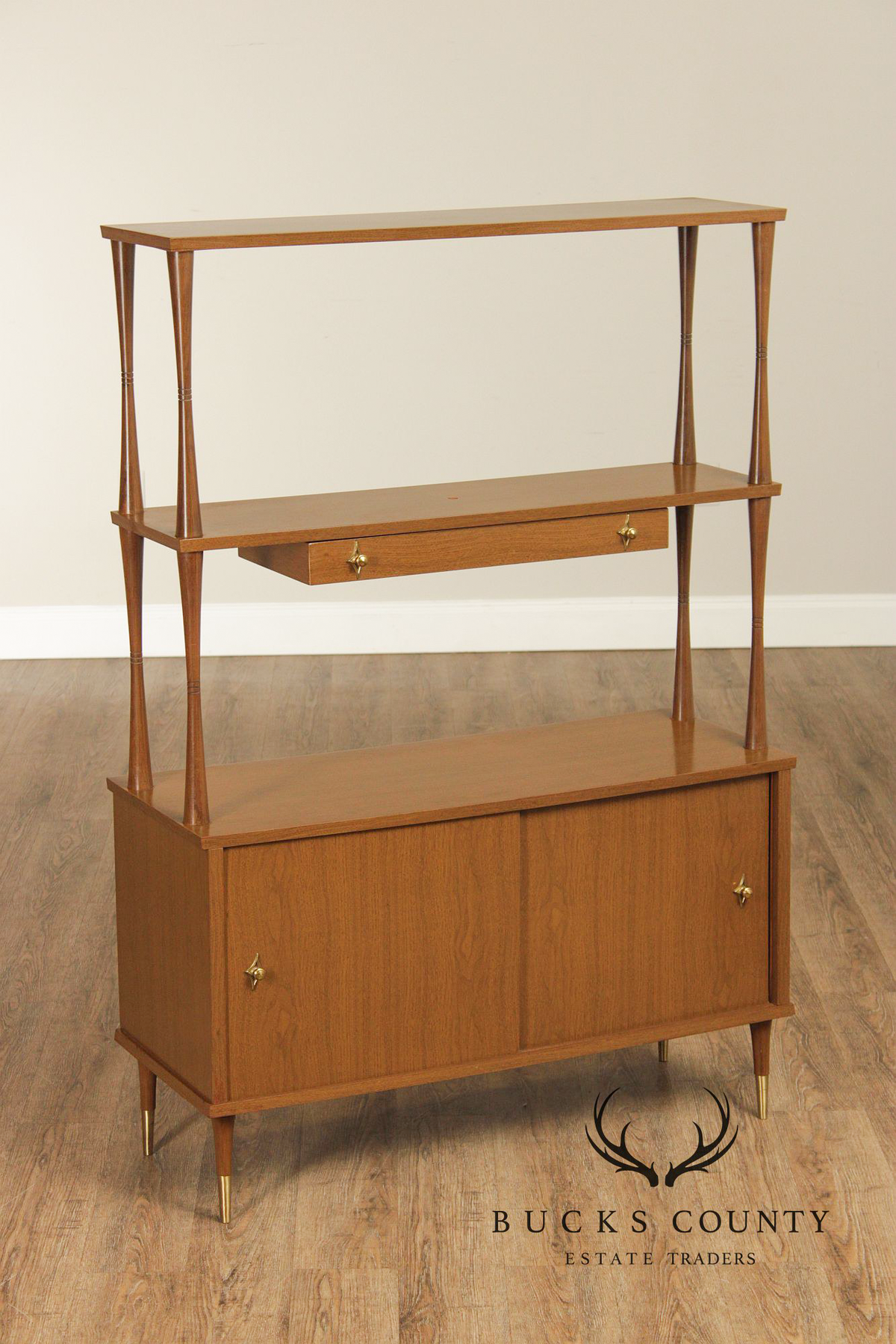 Mid Century Modern Walnut Room Divider Étagère With Brass Accents