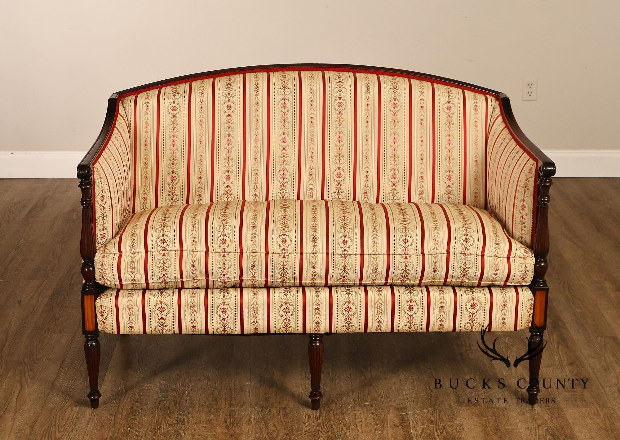 Vintage Sheraton Style Mahogany Inlaid Upholstered Loveseat
