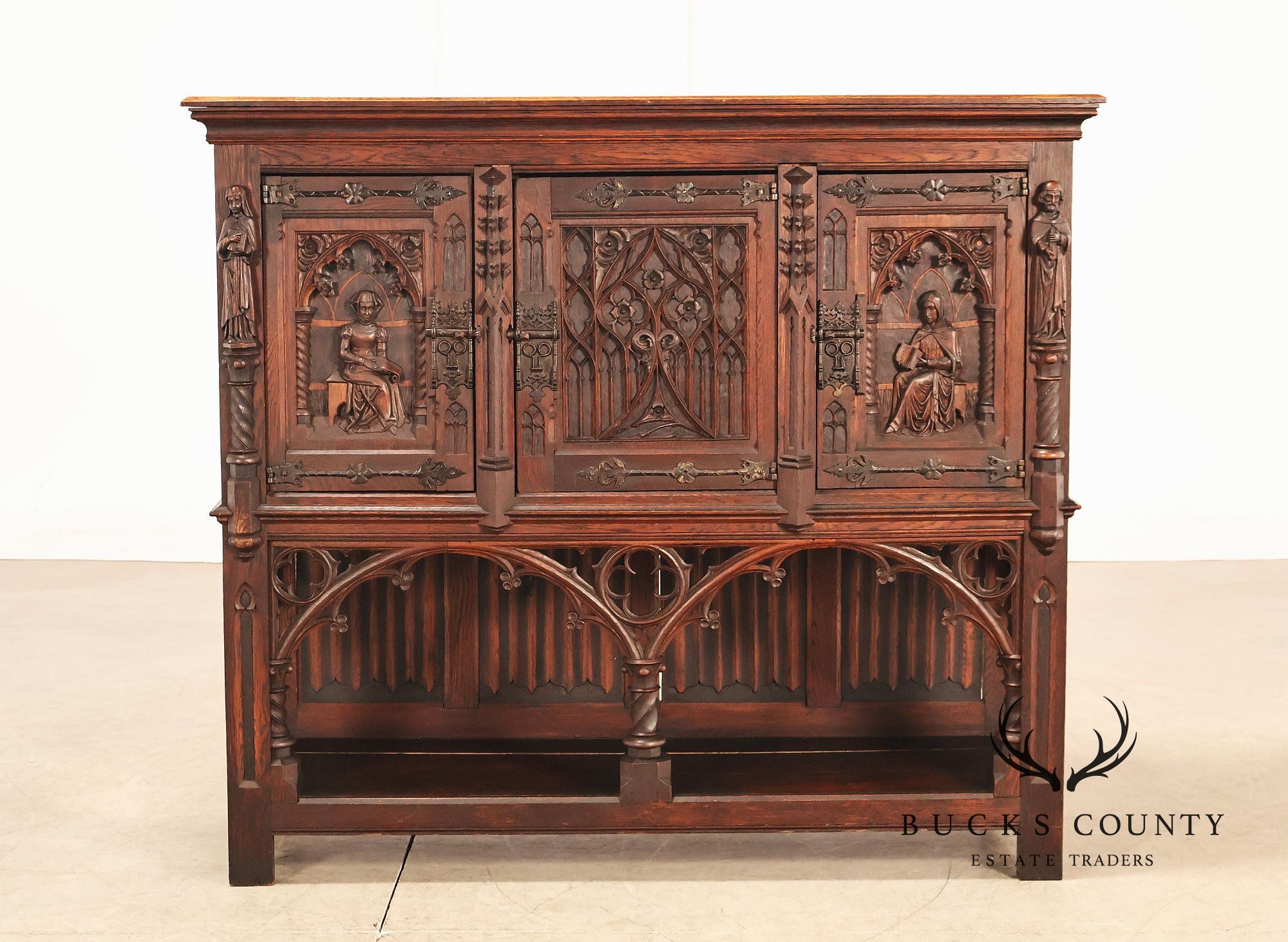 Antique Neo-Gothic Carved Oak Sideboard Server With Figural Panels