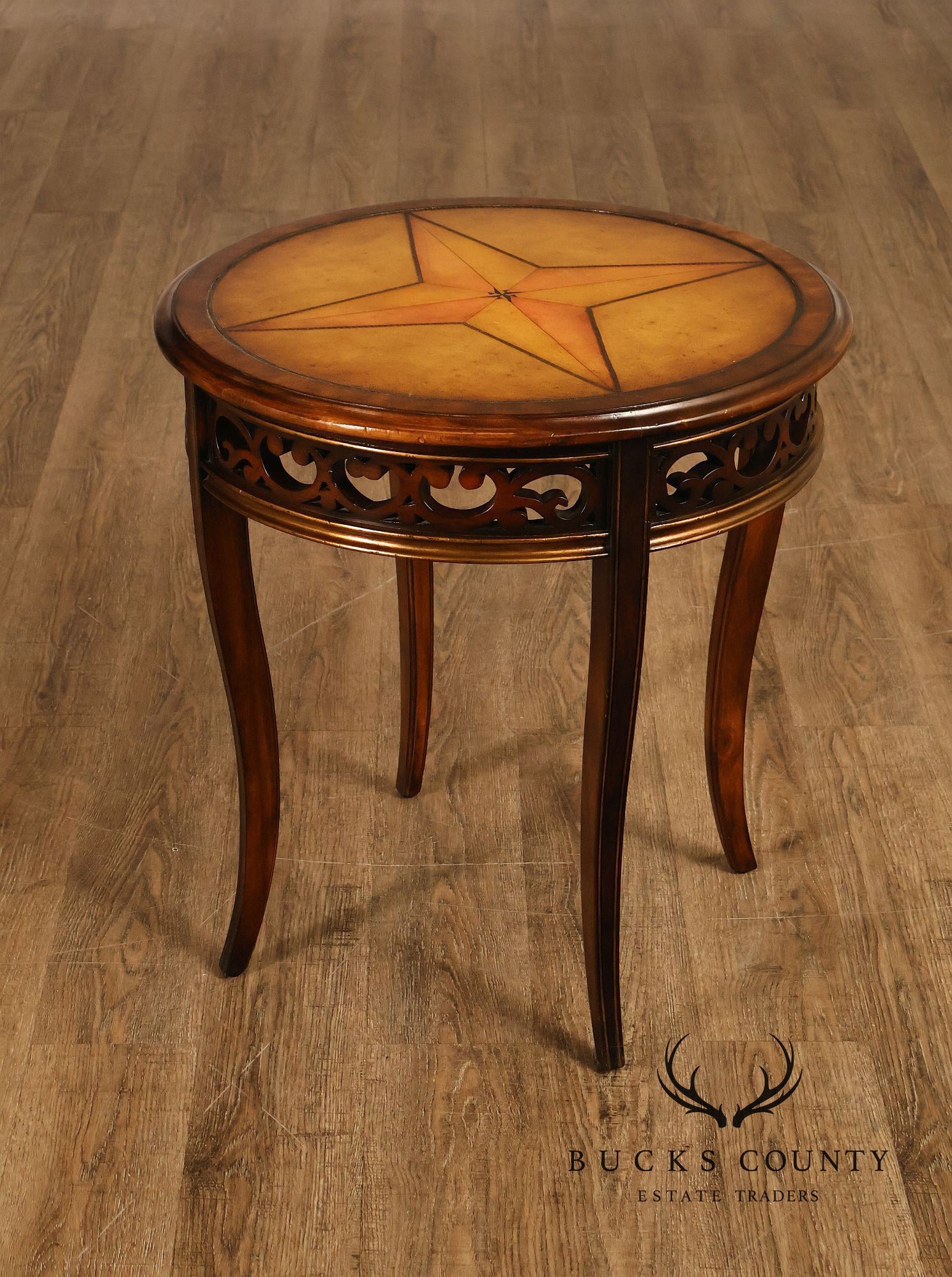 John Richard 'European Crossroads' Pair of Round Leather Top Lamp Tables