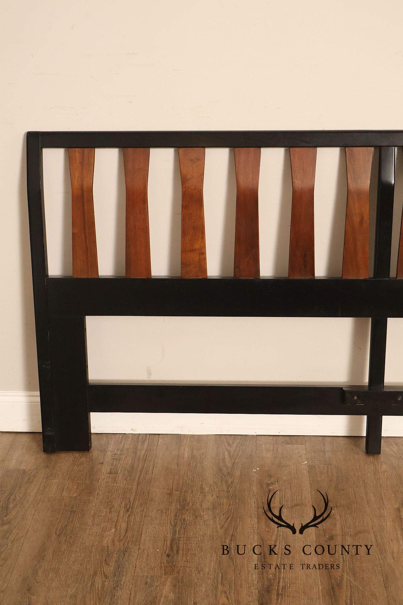 Mid Century Modern King Size Headboard with Ebony Frame and Walnut Bentwood Slats