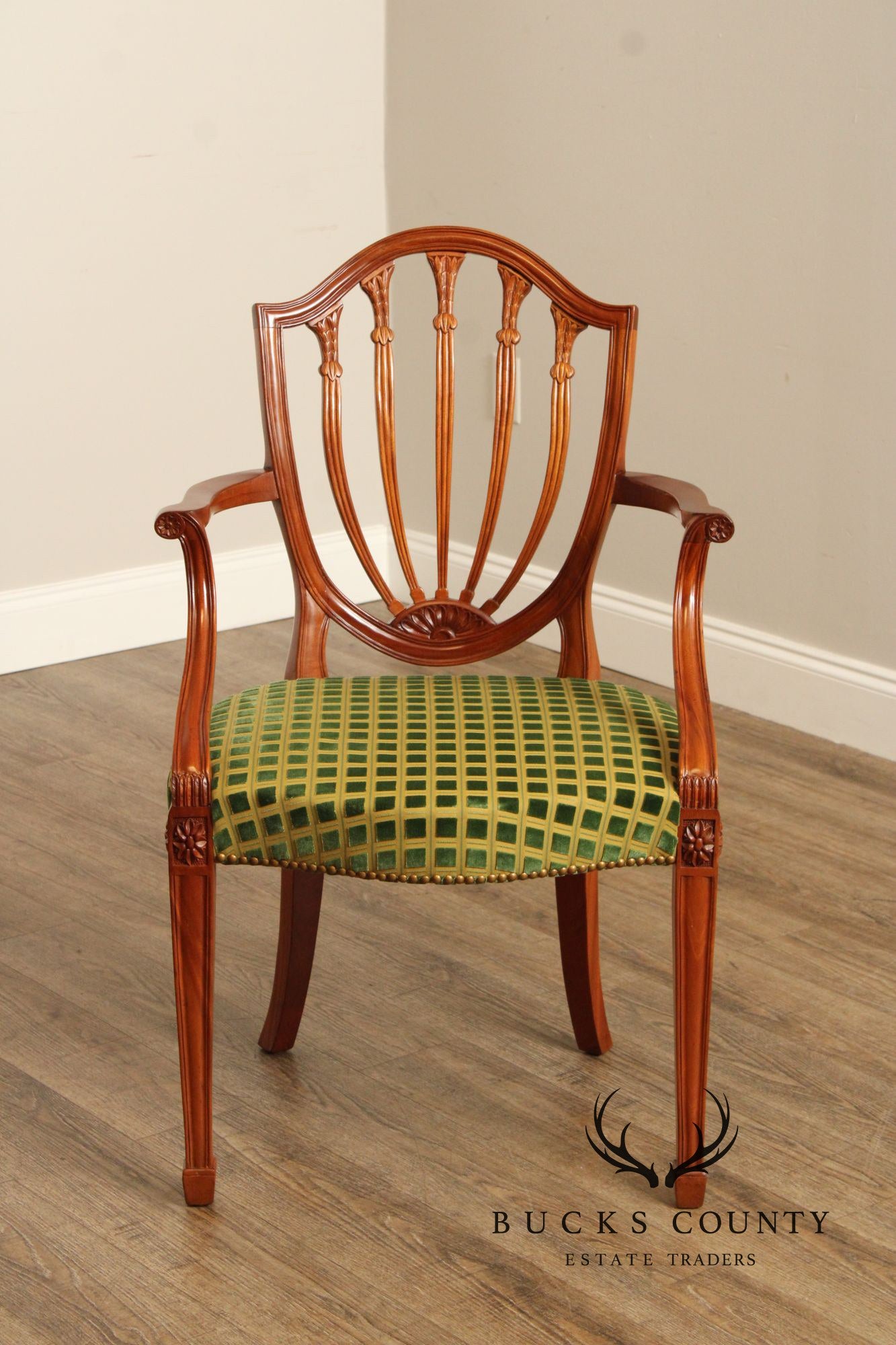 Hepplewhite Style Set of Four Carved Mahogany Shield Back Dining Chairs