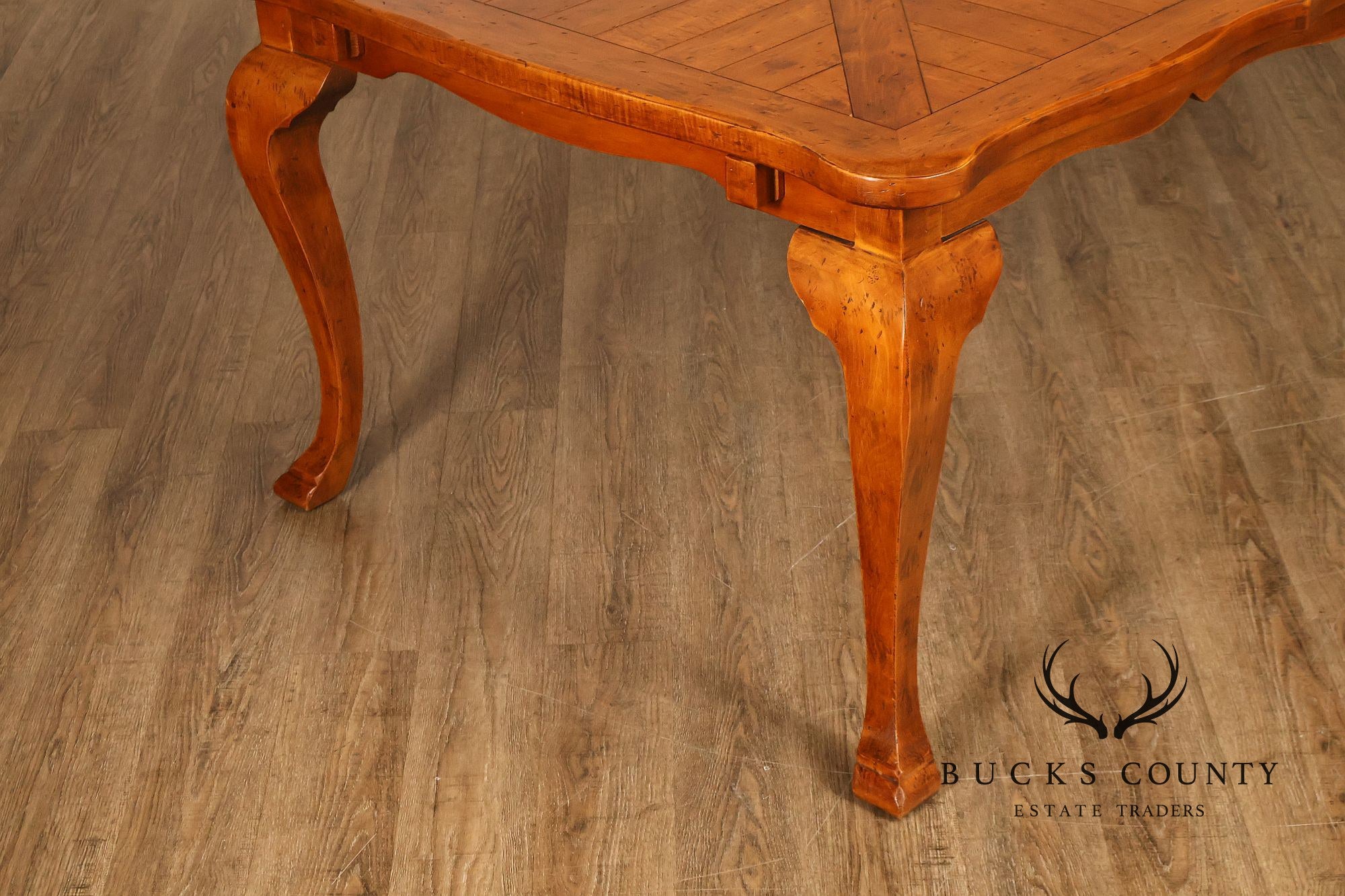 French Provincial Style Parquetry Top Dining Table with Scalloped Apron and Cabriole Legs