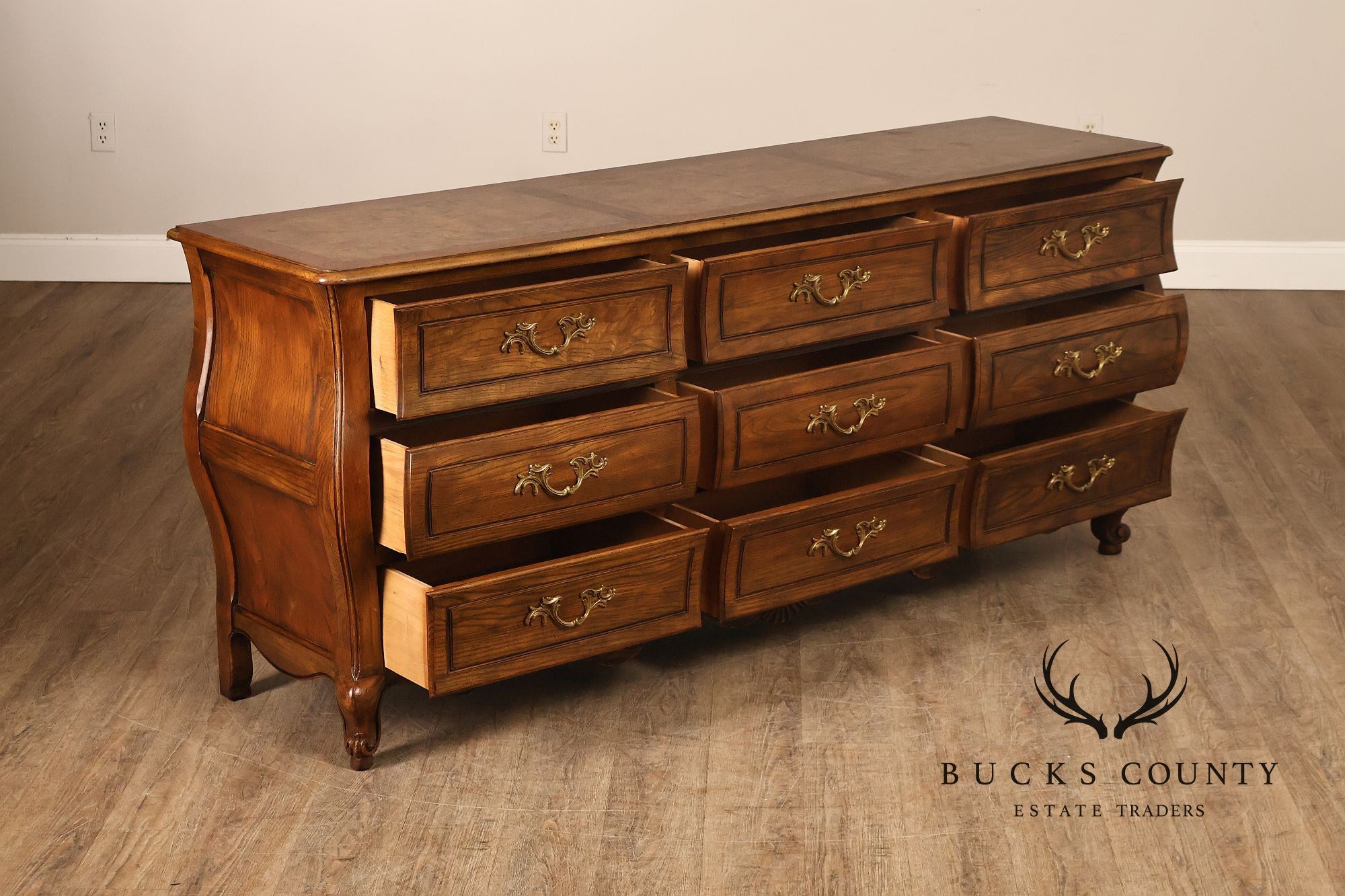 Baker Furniture Company Burl Wood Long Bombe Dresser
