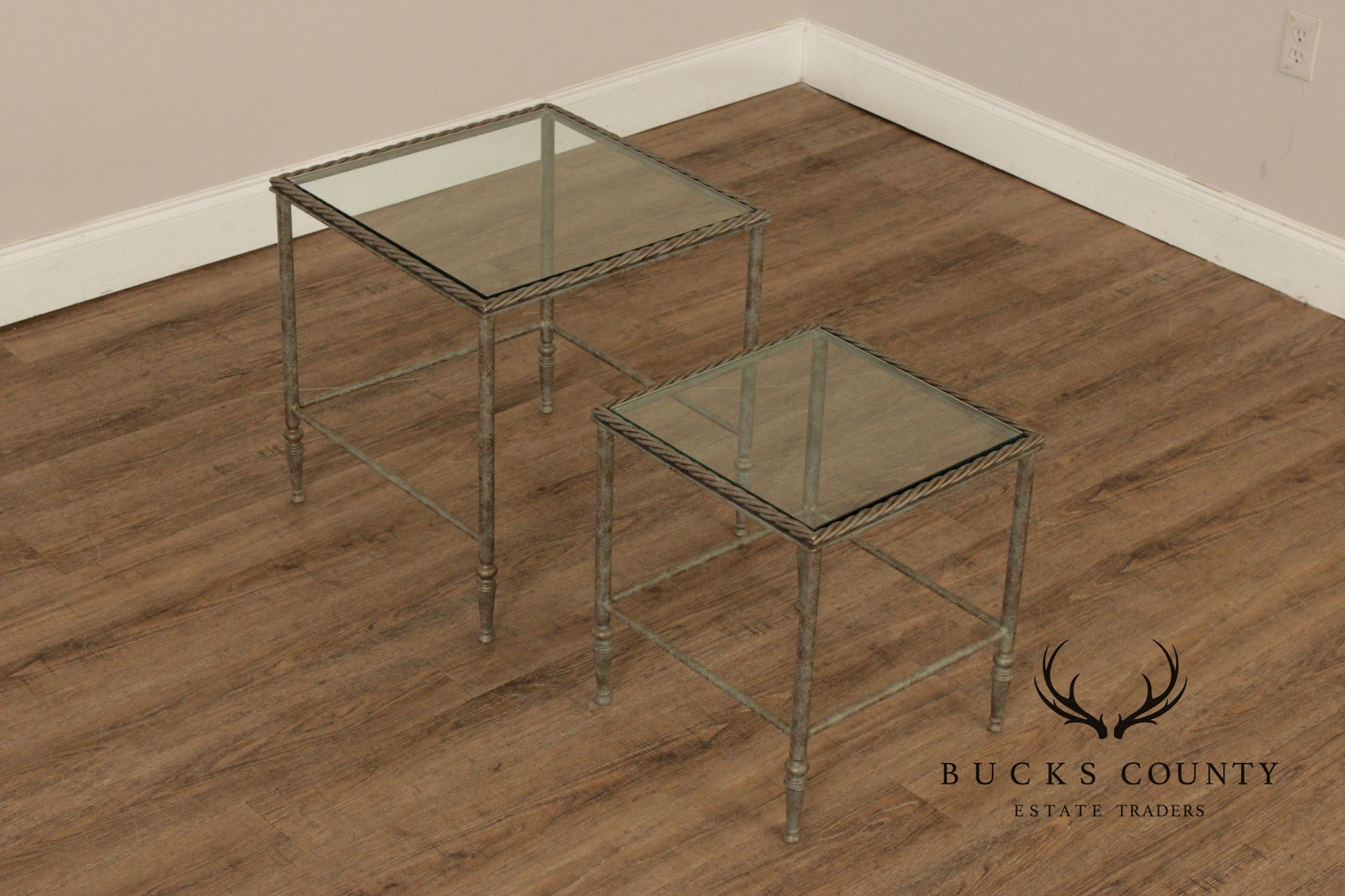 Vintage Pair of Iron Glass Top Nesting Tables