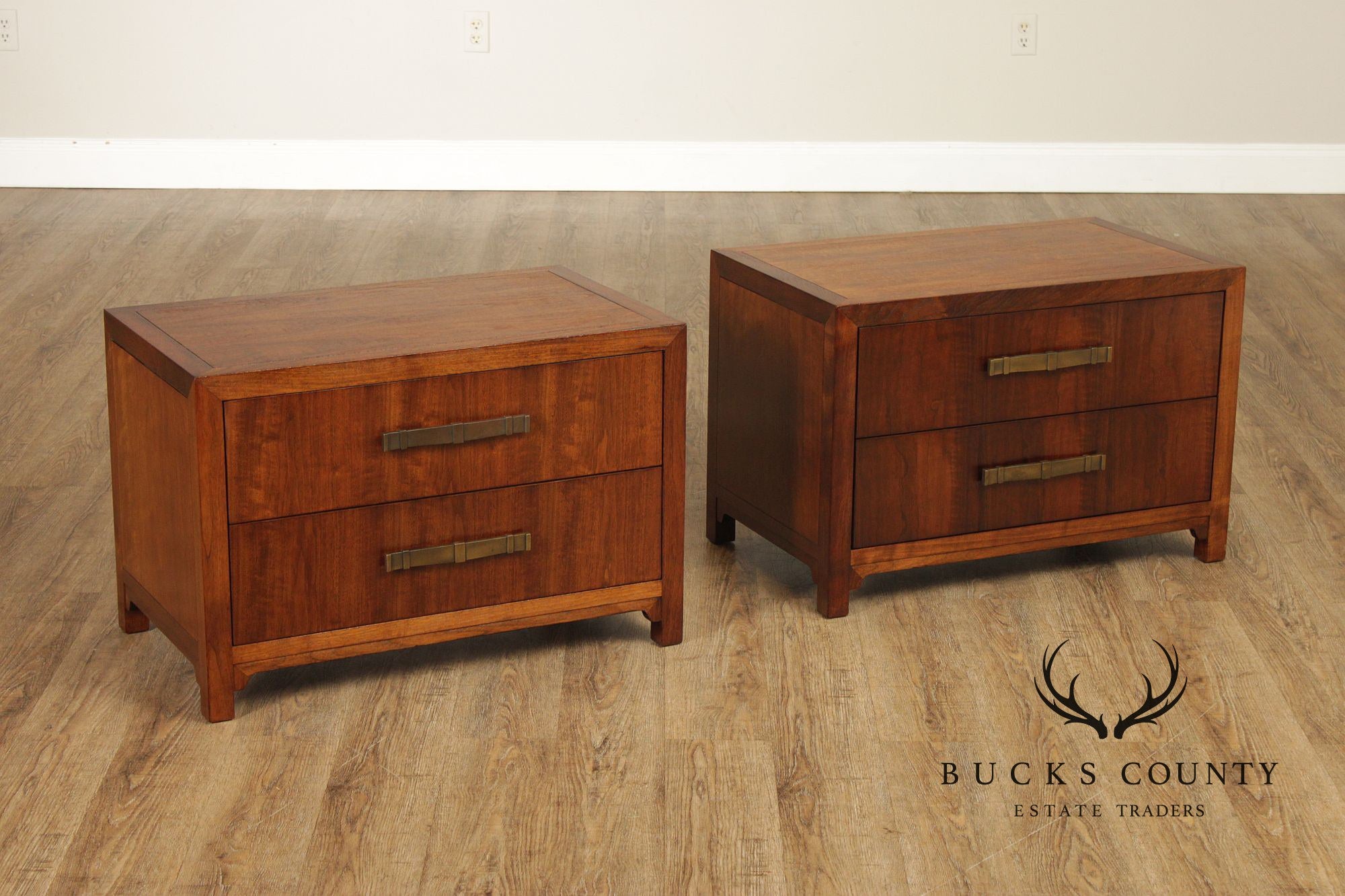 Heritage Mid Century Modern Pair of Walnut Two-Drawer Nightstands