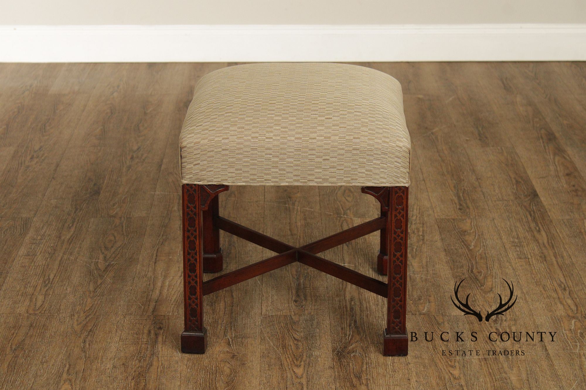 Chinese Chippendale Style Pair of Mahogany Stools