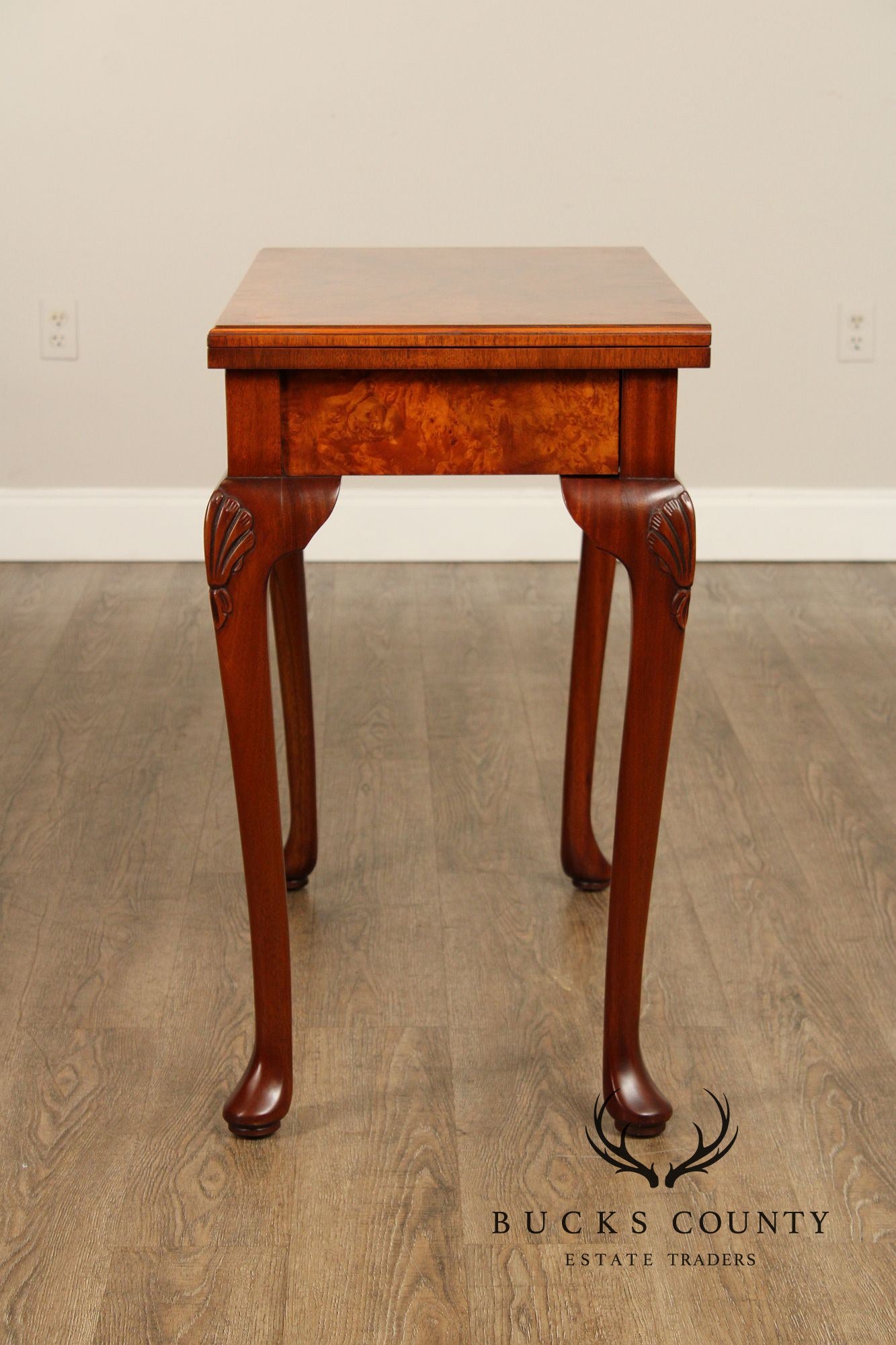 Queen Anne Style Burl Wood Leather Top Folding Games Table