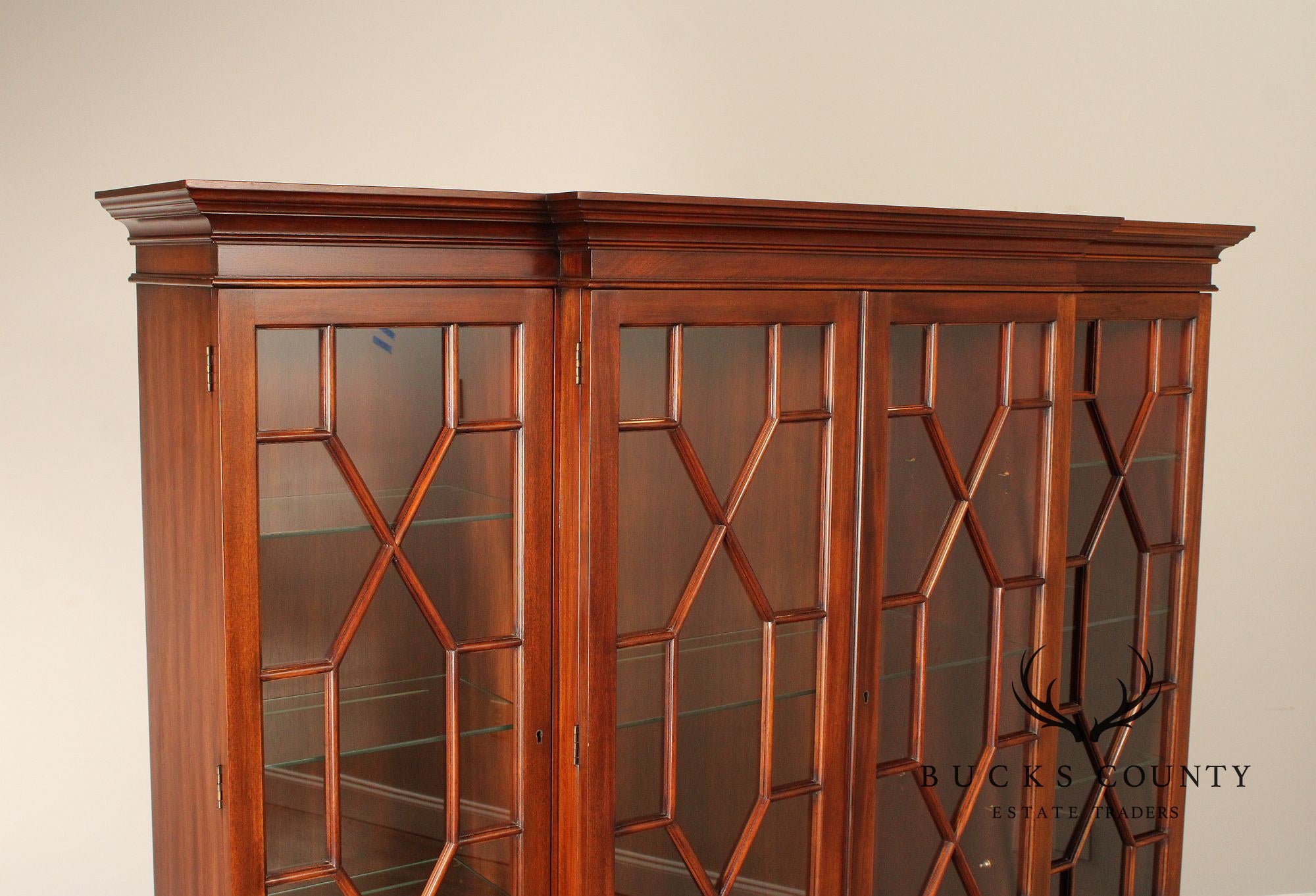 Henkel Harris Georgian Style Inlaid Mahogany Breakfront Bookcase
