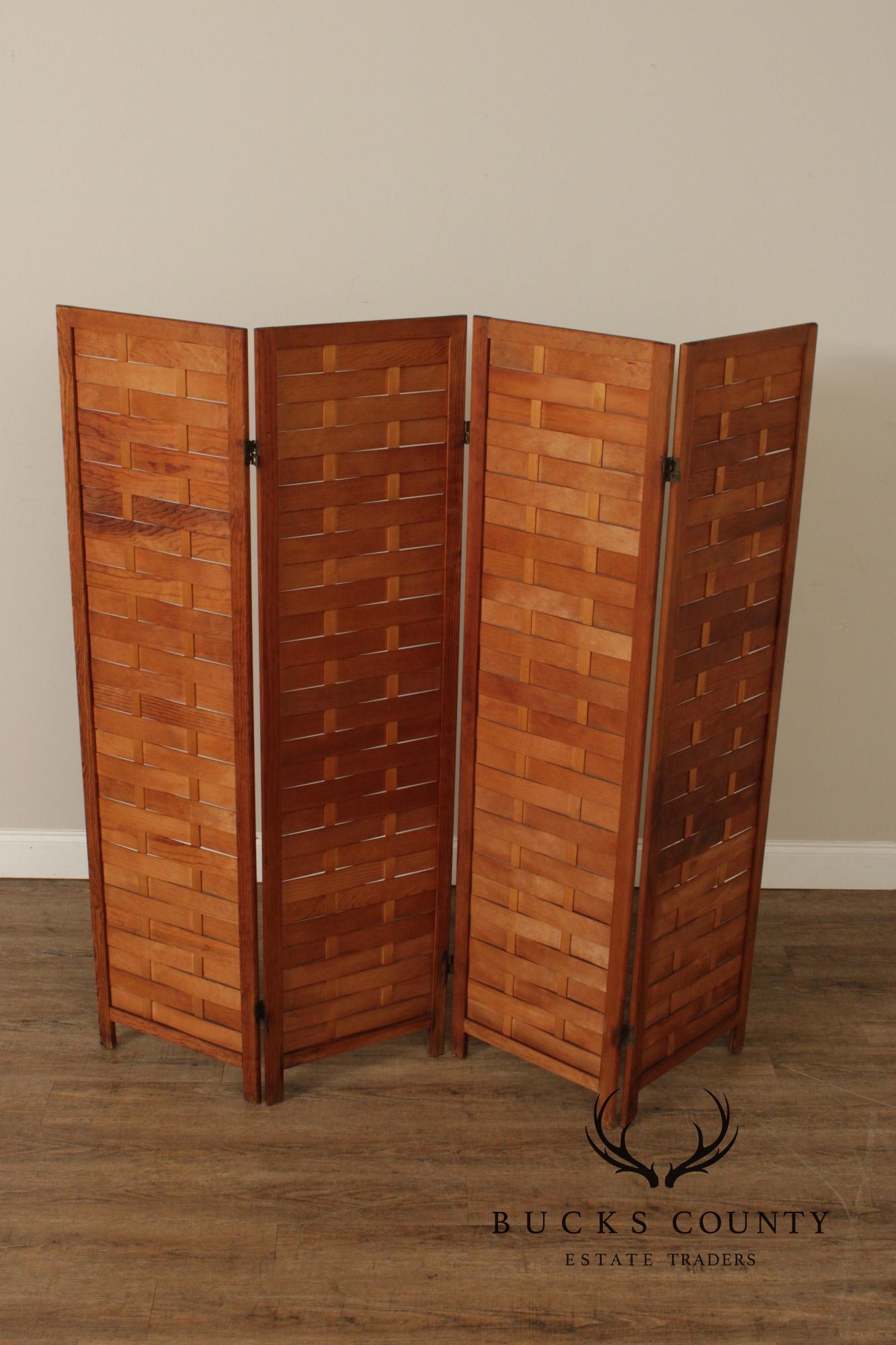 Mid Century Modern Woven Wood Four-Panel Screen