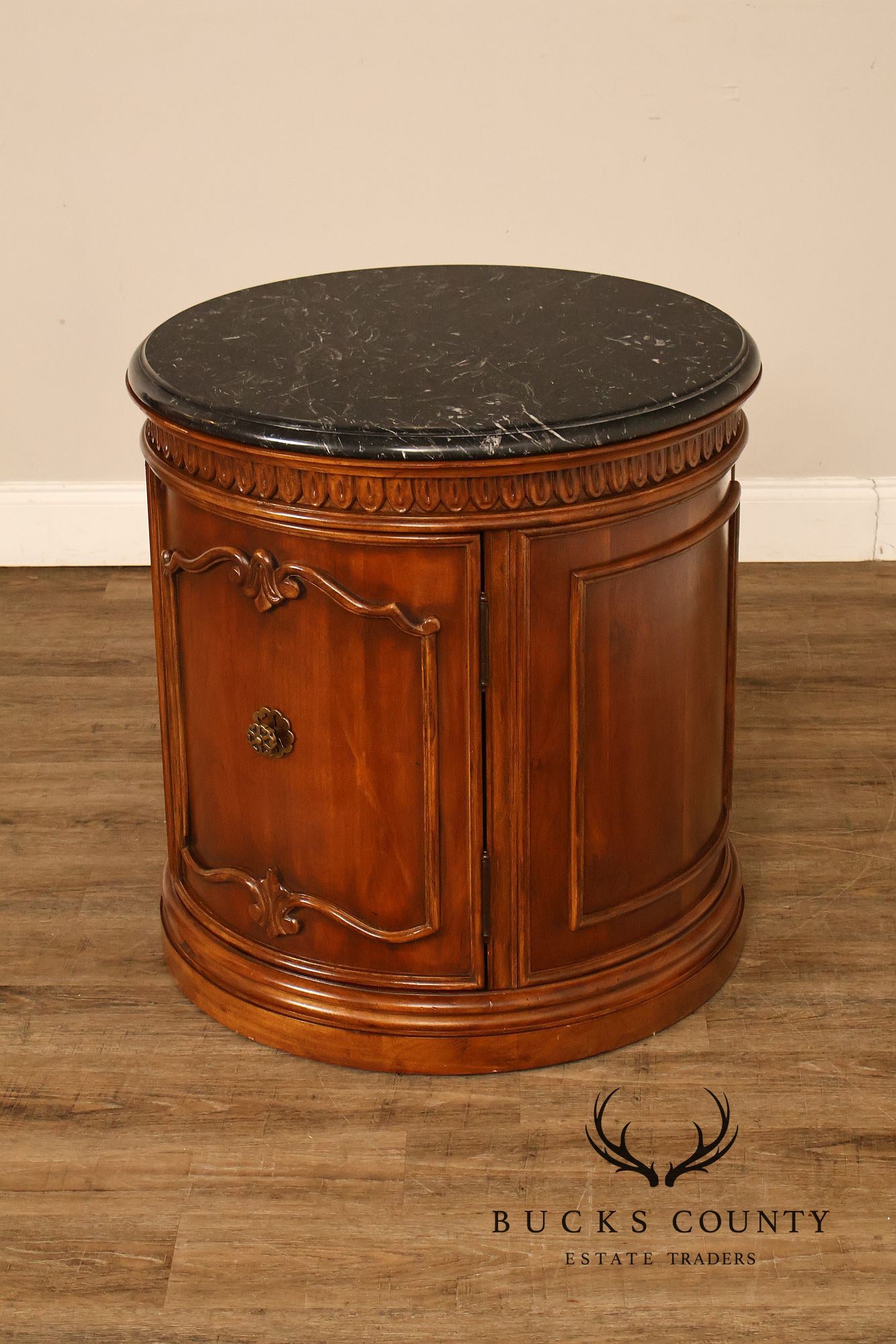 Bernhardt French Regency Style Marble Top Round Cabinet Drum Table