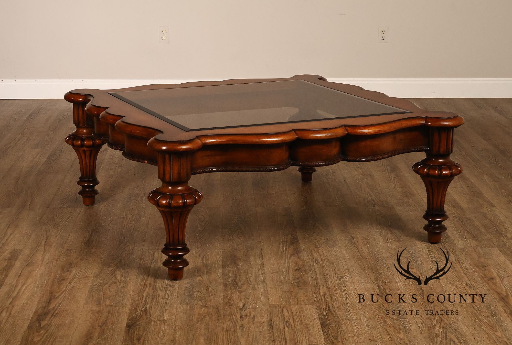 Mediterranean Style Carved Wood And Glass Square Coffee Table