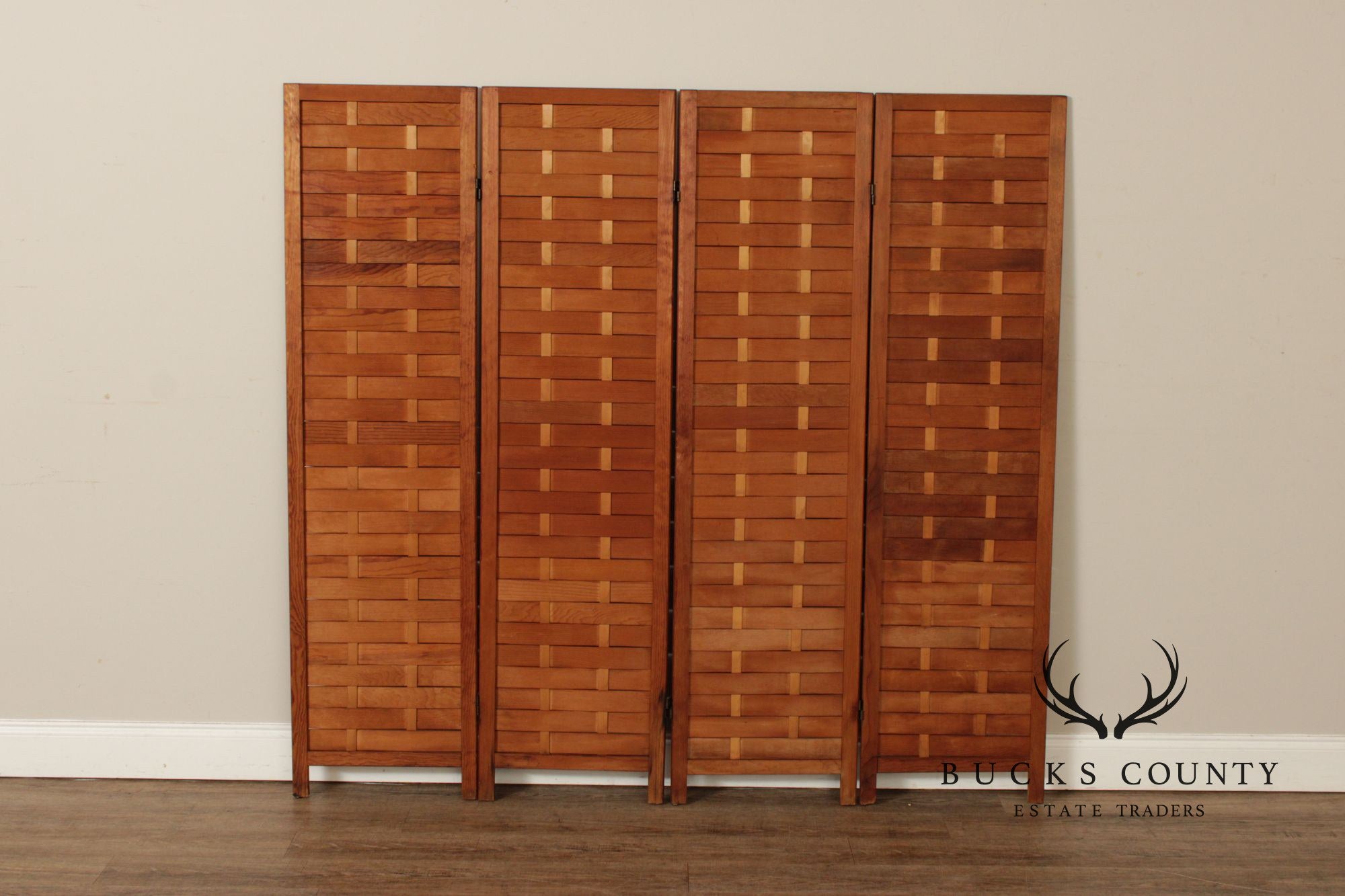 Mid Century Modern Woven Wood Four-Panel Screen