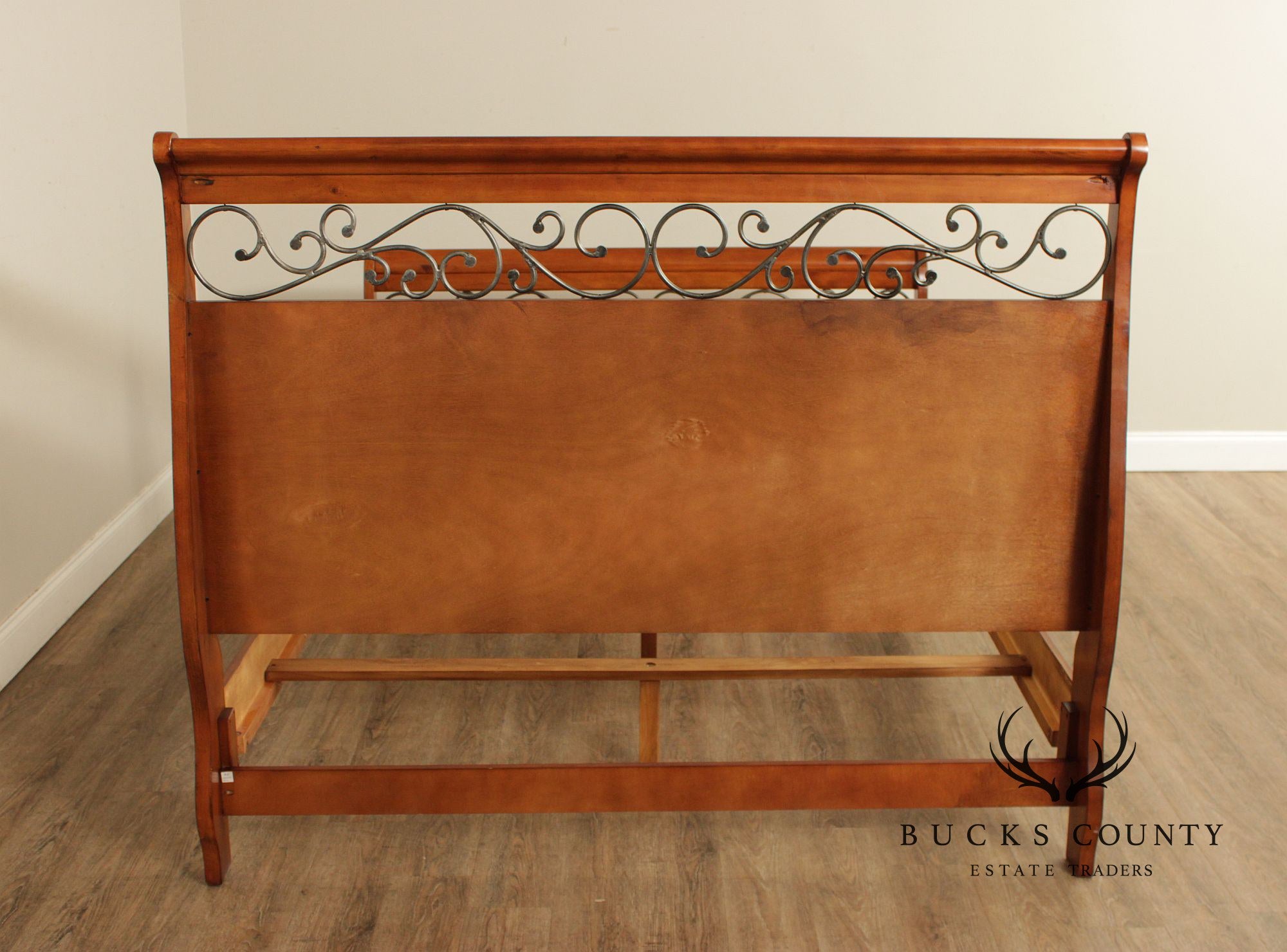 Queen Size Sleigh Bed With Iron Scroll Detail