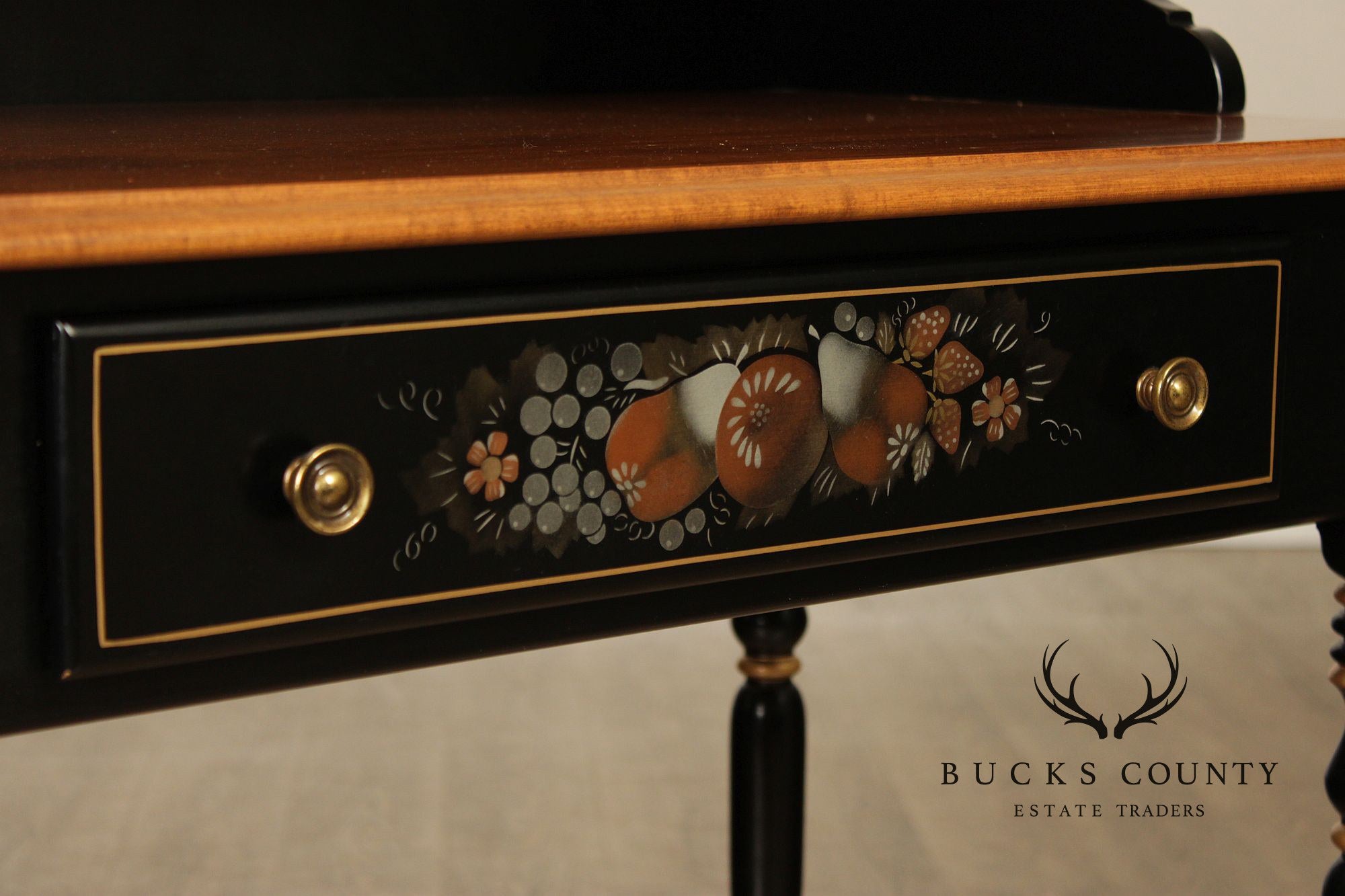 Ethan Allen Hitchcock Style Hand Painted Black Lacquer Writing Desk