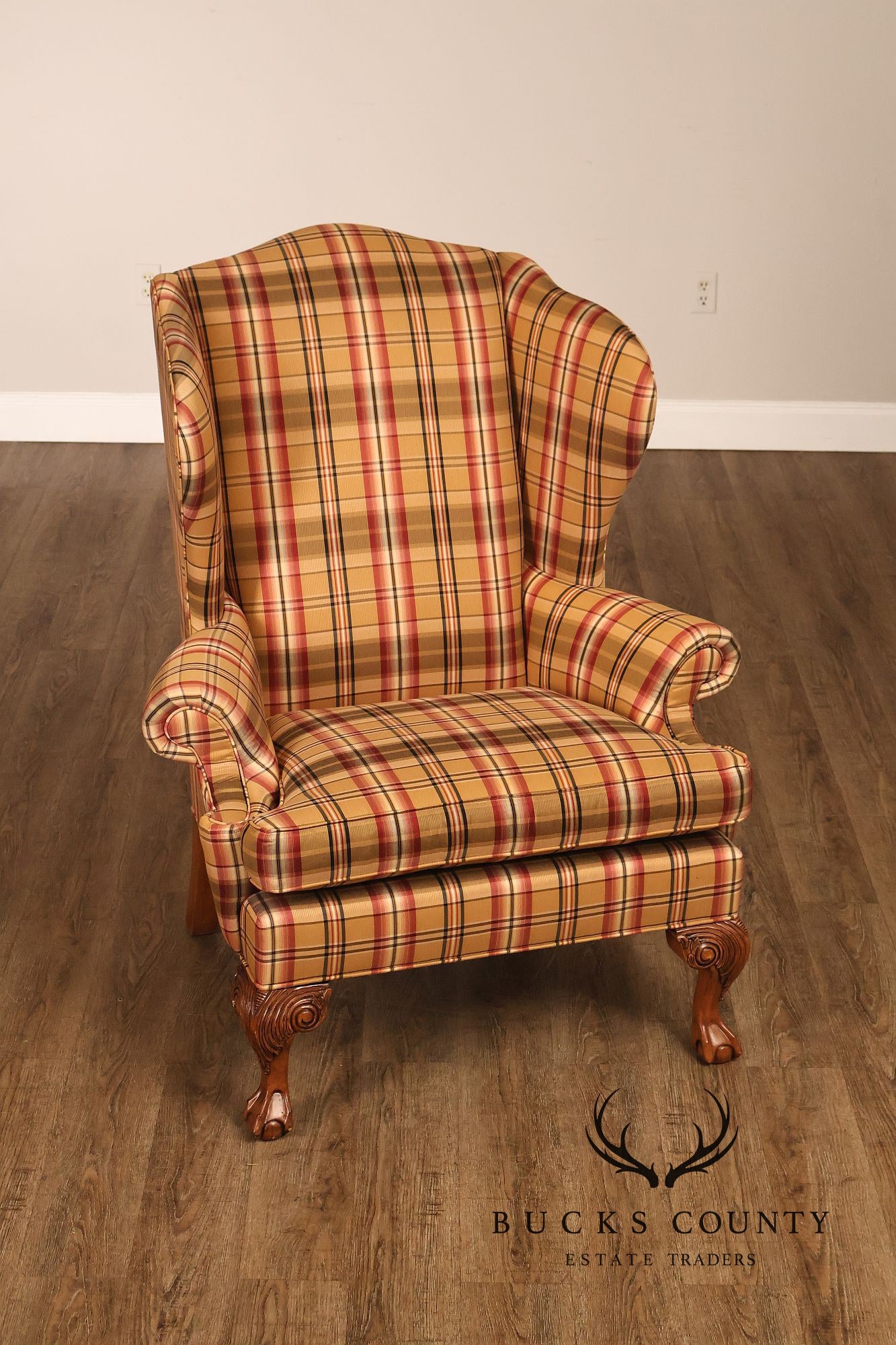 Ethan Allen Chippendale Style Plaid Upholstered Wing Chair