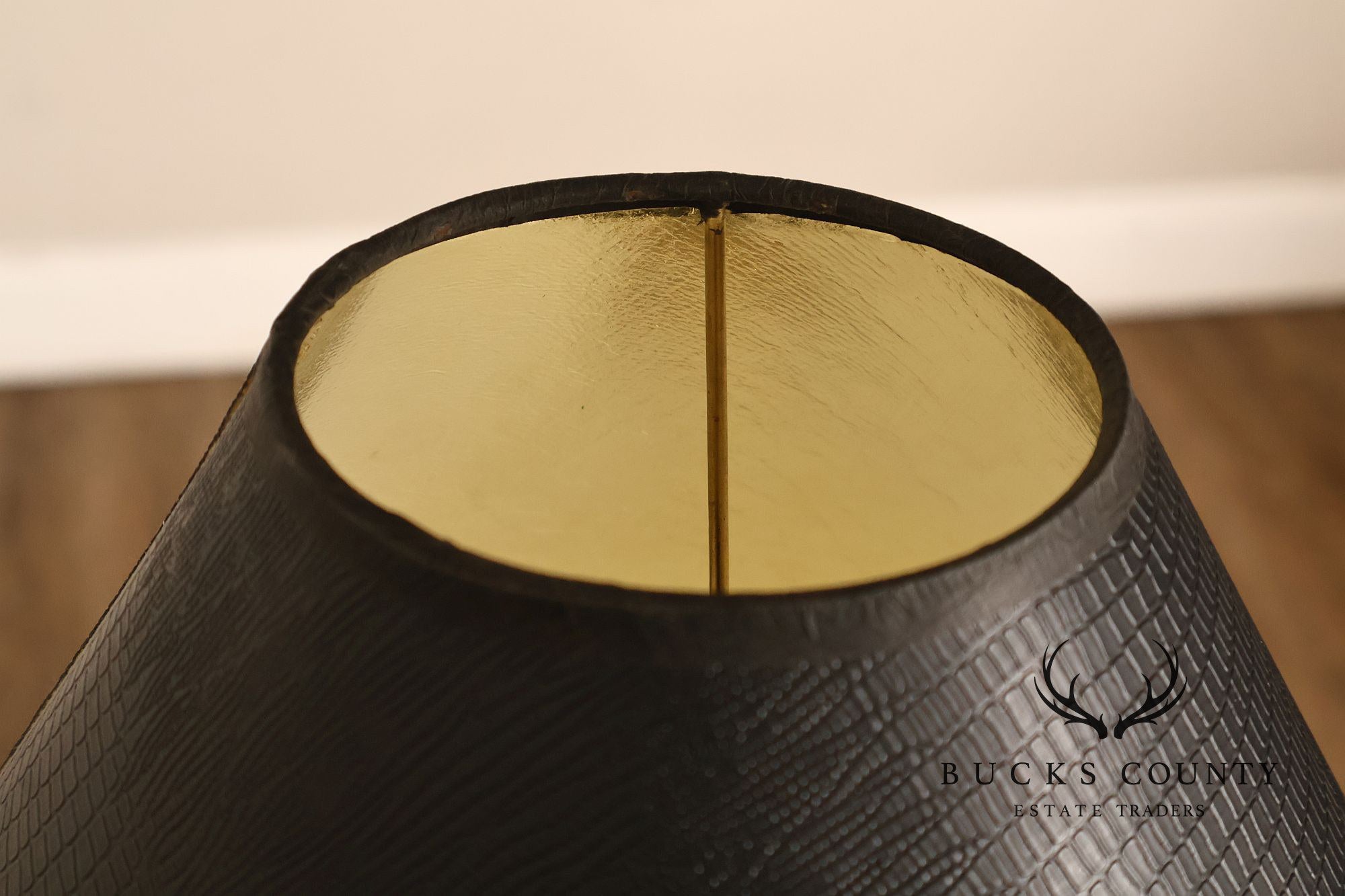 Pair of Brass Candlestick Style Table Lamps with Black Faux Alligator Shades