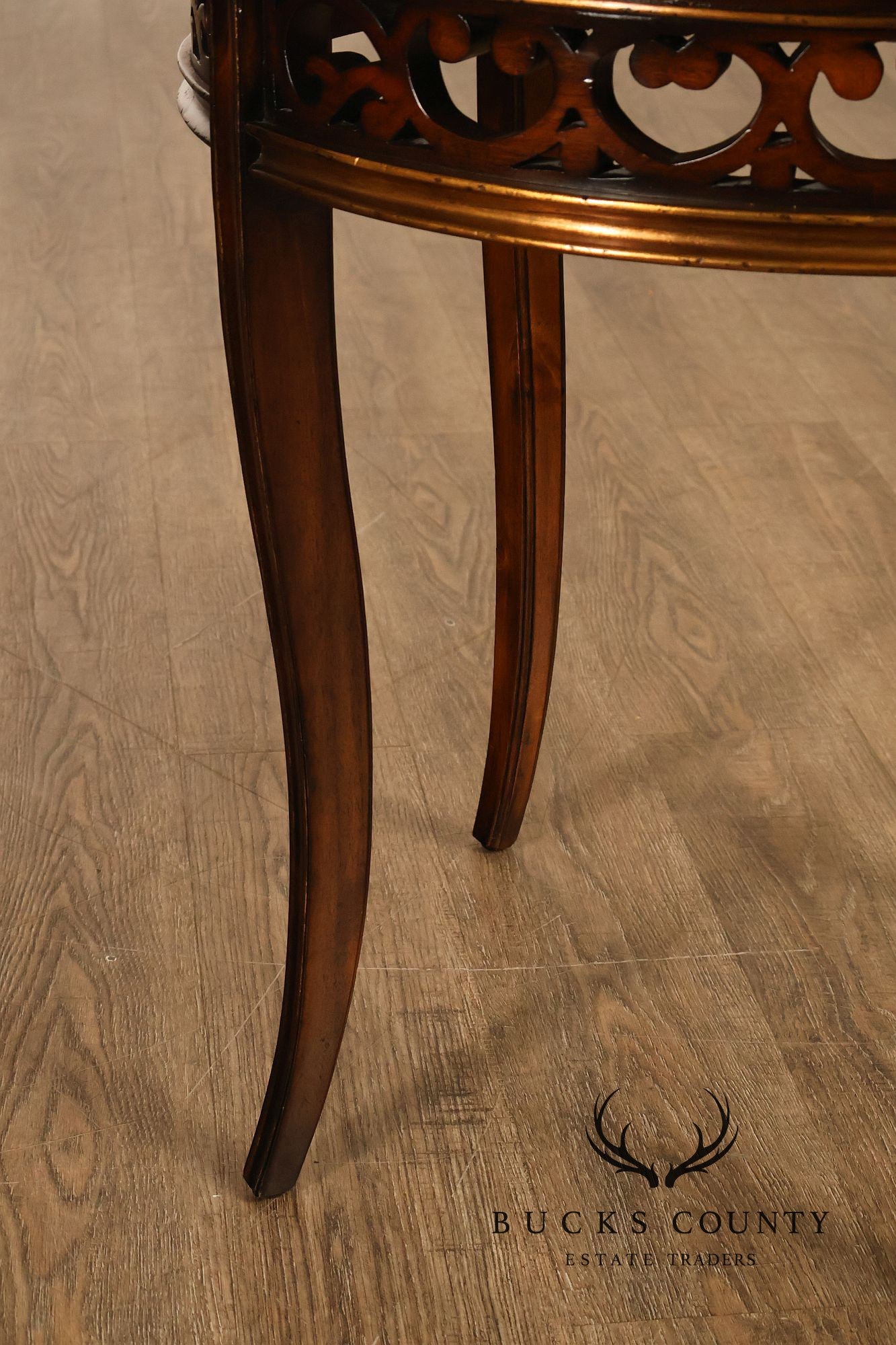 John Richard 'European Crossroads' Pair of Round Leather Top Lamp Tables
