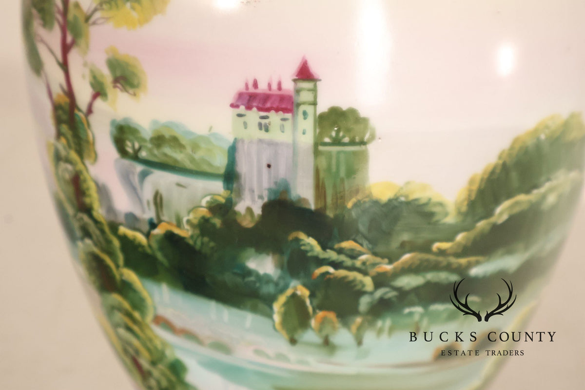 Antique Hand Painted Nippon Porcelain Twin Handle Landscape Urn With Gilt Decoration