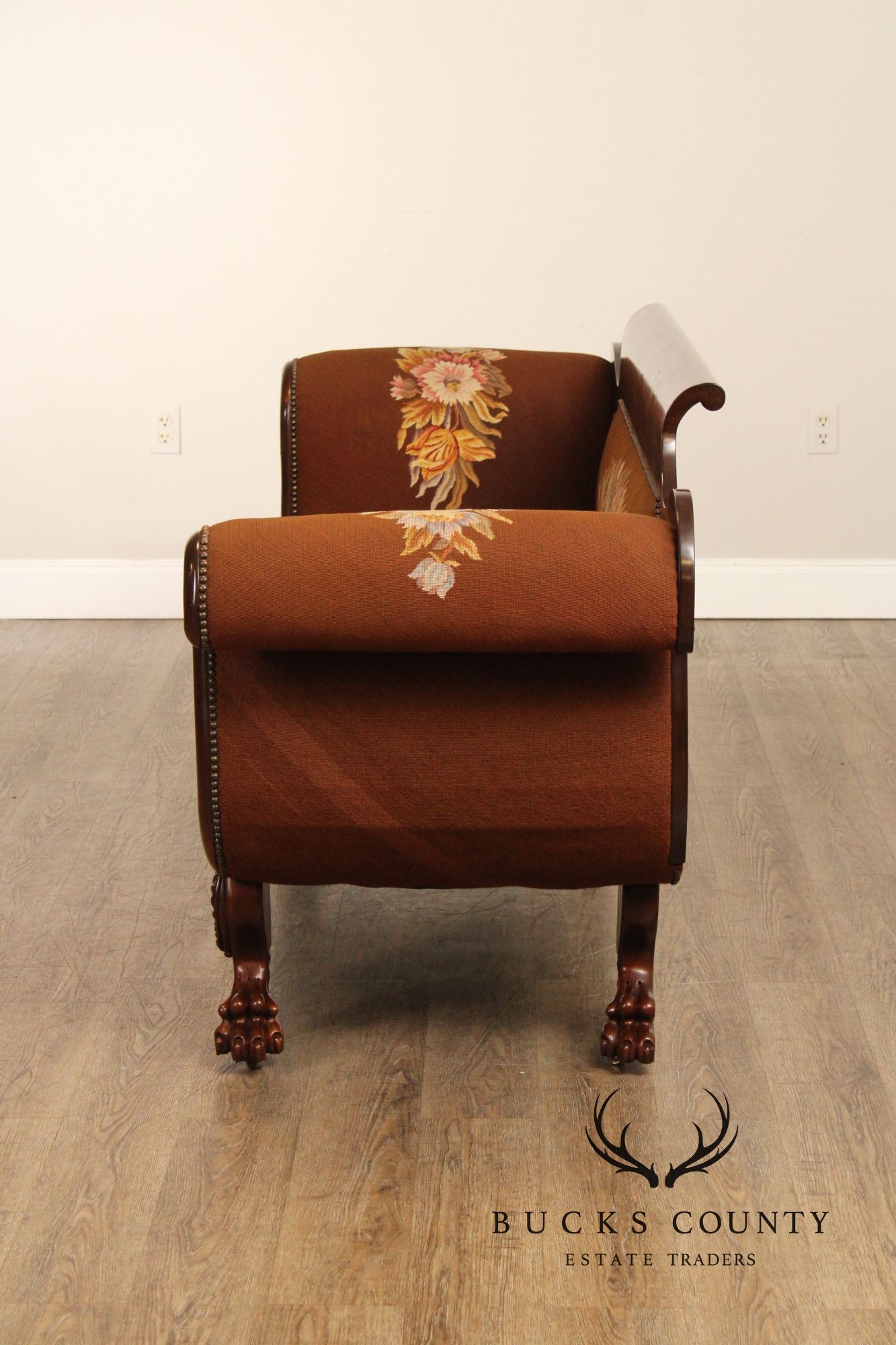 American Empire Carved Mahogany and Needlepoint Sofa