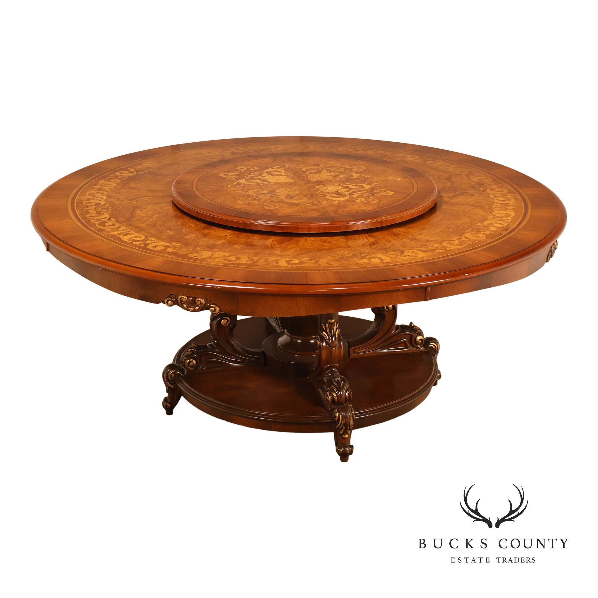 Italian 72" Round Inlaid Burl Wood Dining Table With Lazy Susan