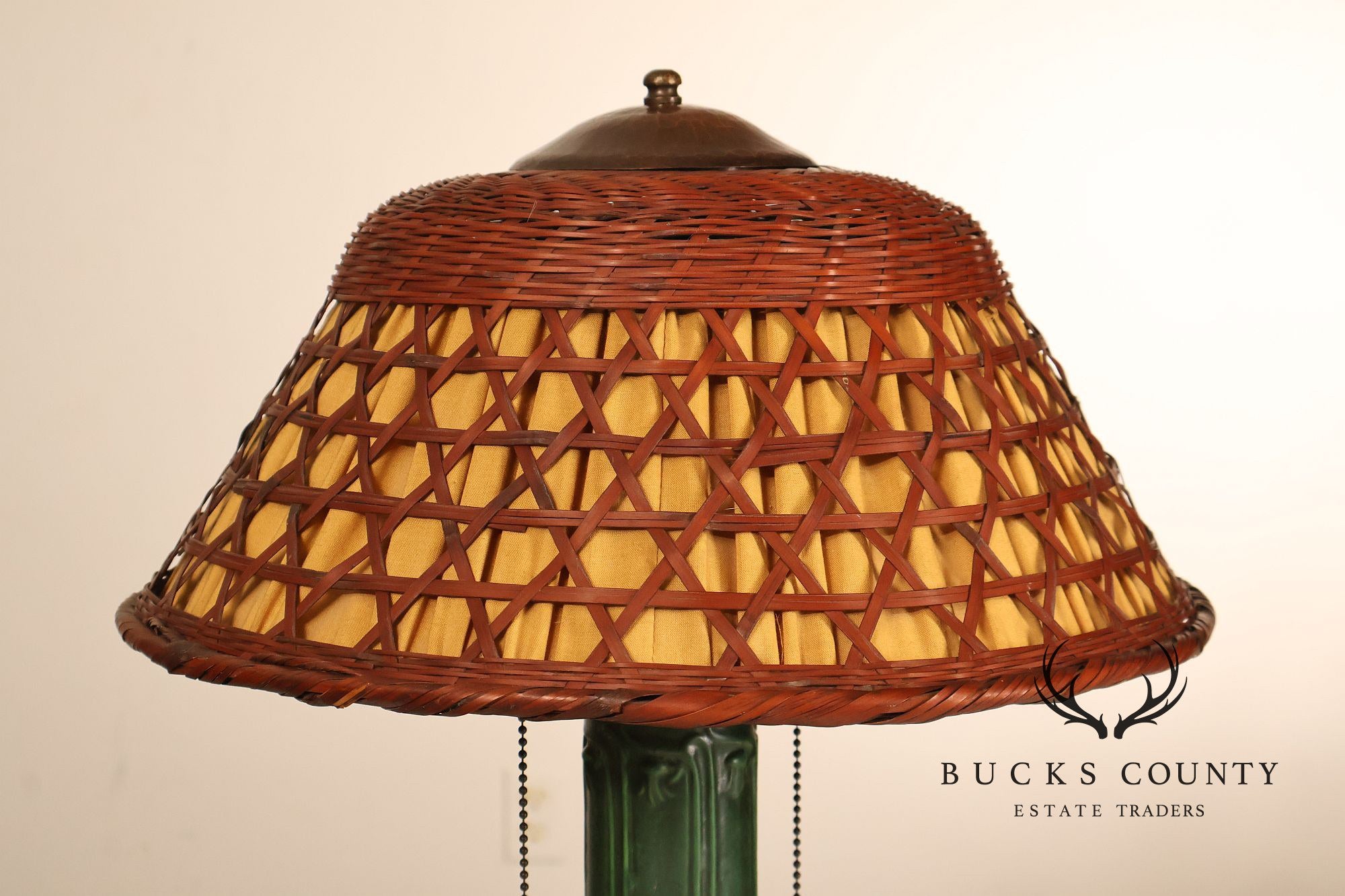 Weller Pottery Art Nouveau Green Glazed Table Lamp with Wicker Shade
