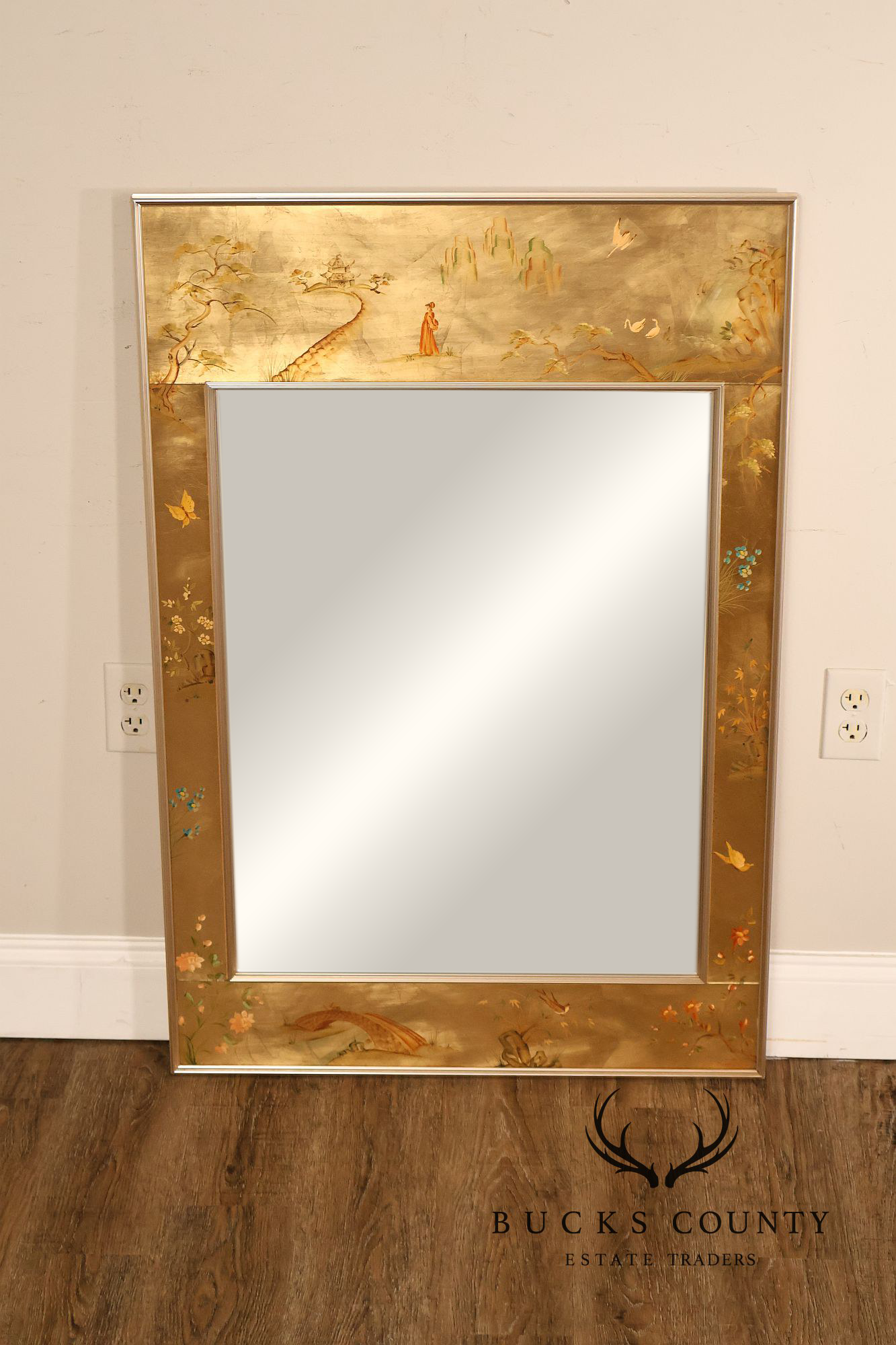 LaBarge Chinoiserie Eglomise Brass Wall Mirror