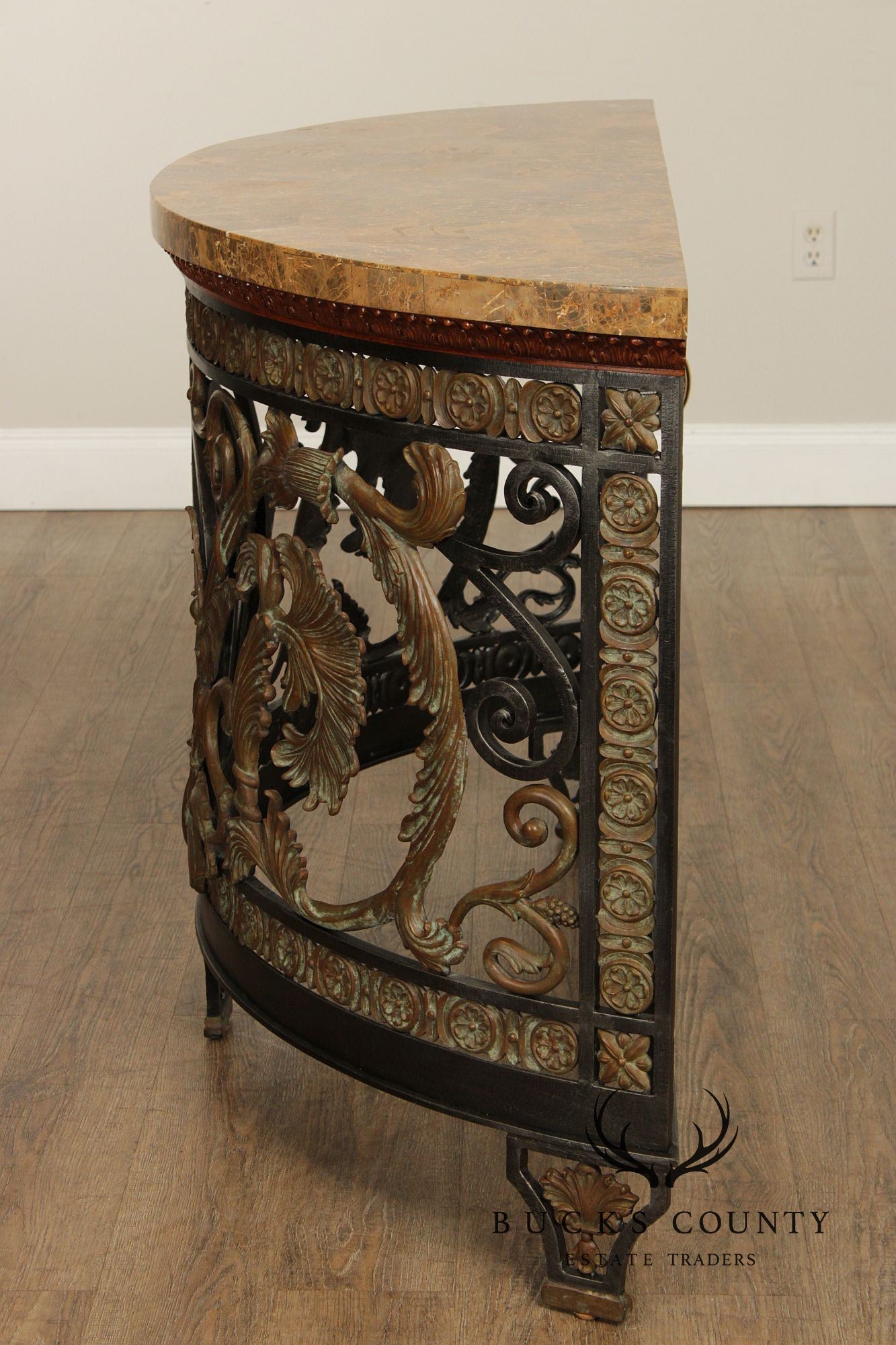 Maitland Smith Marble Top Demilune Wrought Iron Console Table