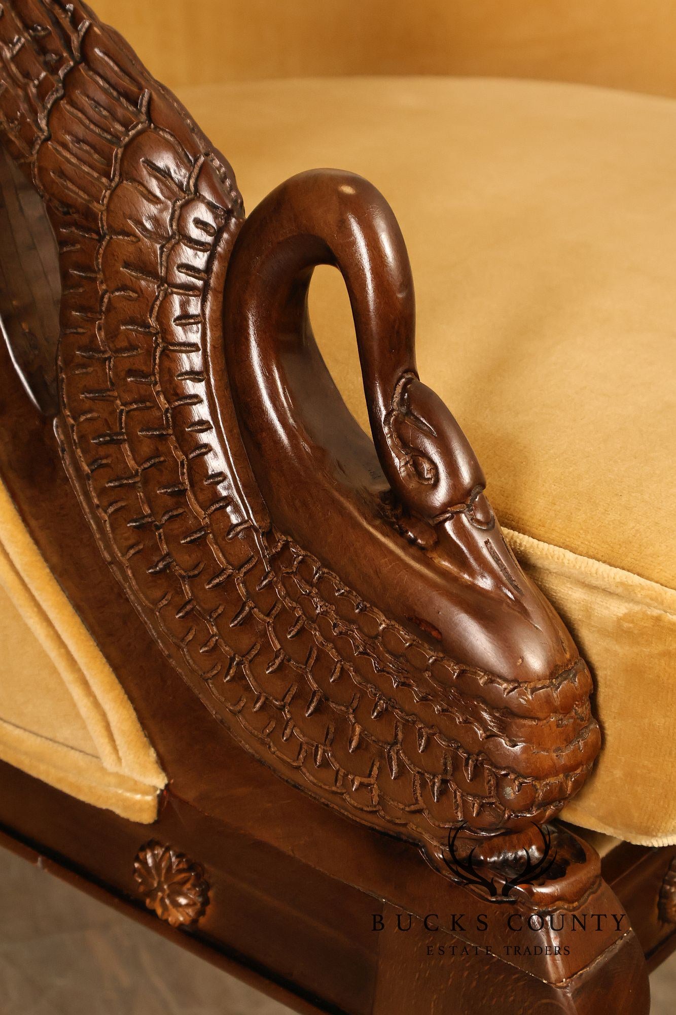 Pair Of French Empire Style Carved Mahogany Swan Motif Barrel Back Club Chairs In Gold Velvet