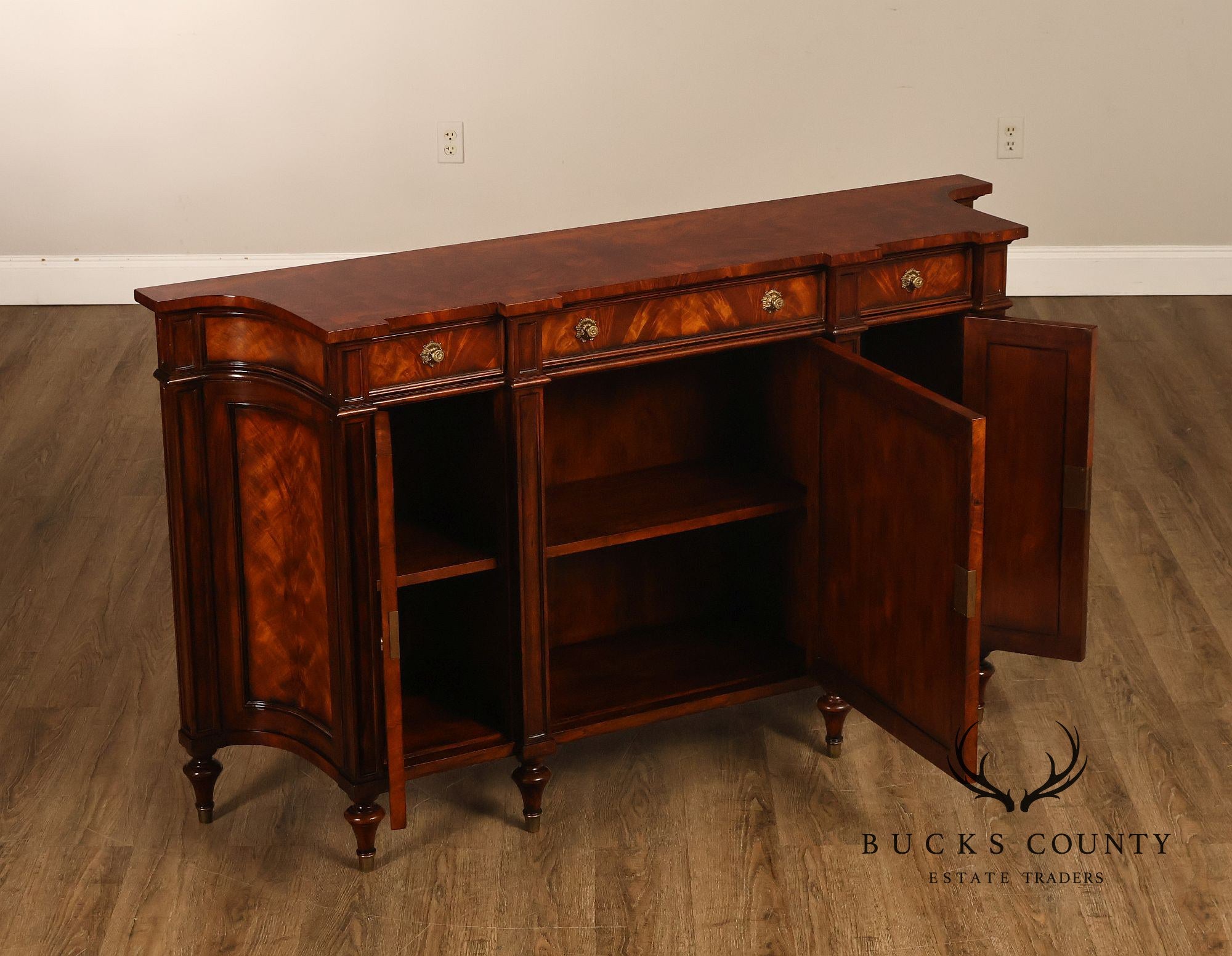 Theodore Alexander Replica Concave Mahogany And Burl Mahogany Sideboard Cabinet