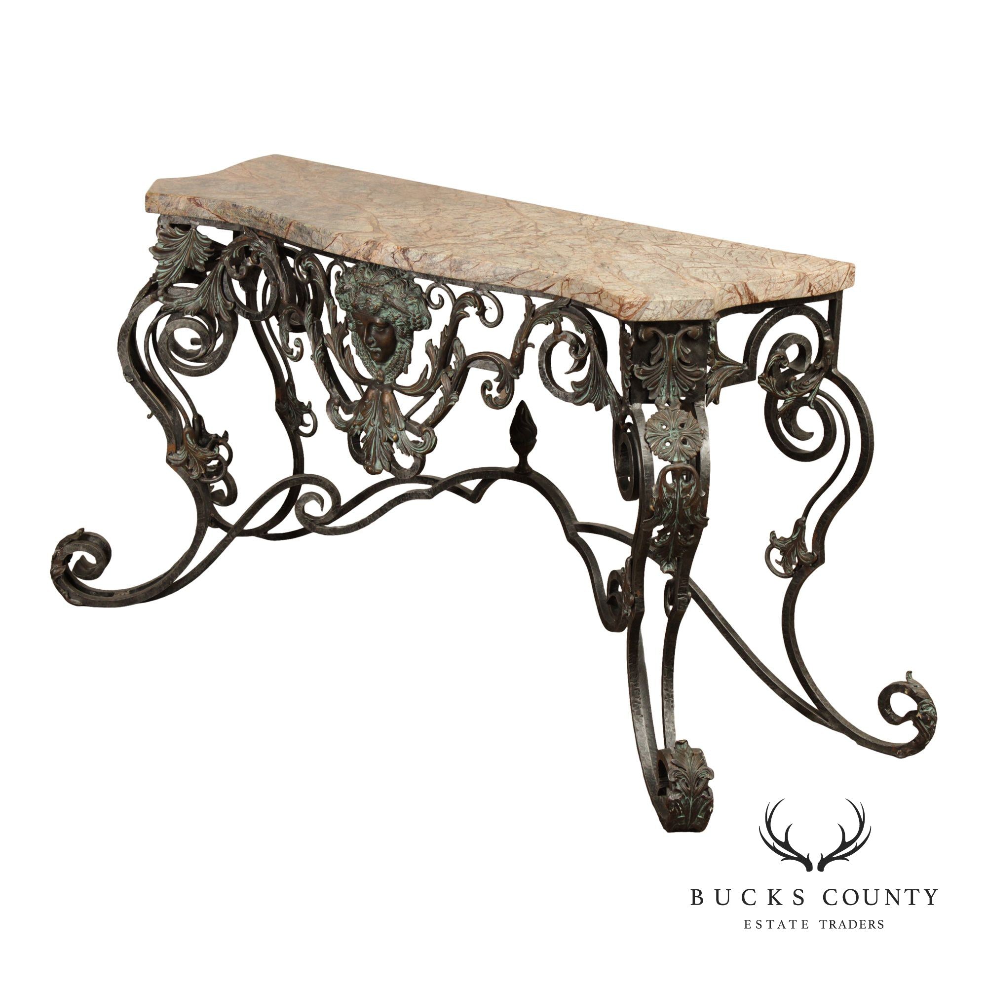 Maitland Smith Italian Rococo Style Scrolled Iron And Bronze Marble Top Console Table