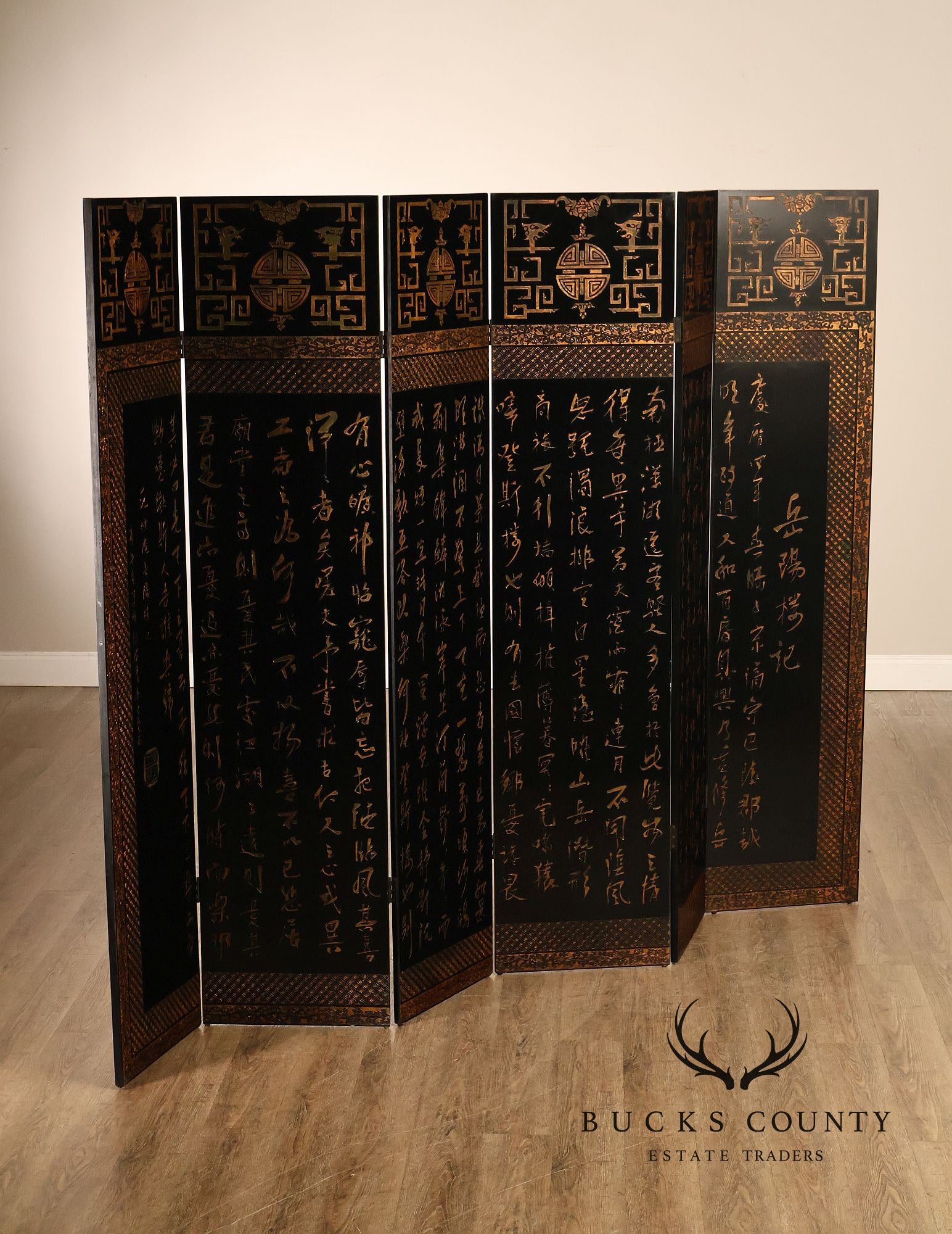 Vintage Chinese Six Panel Black Lacquer Coromandel Style Folding Screen Room Divider
