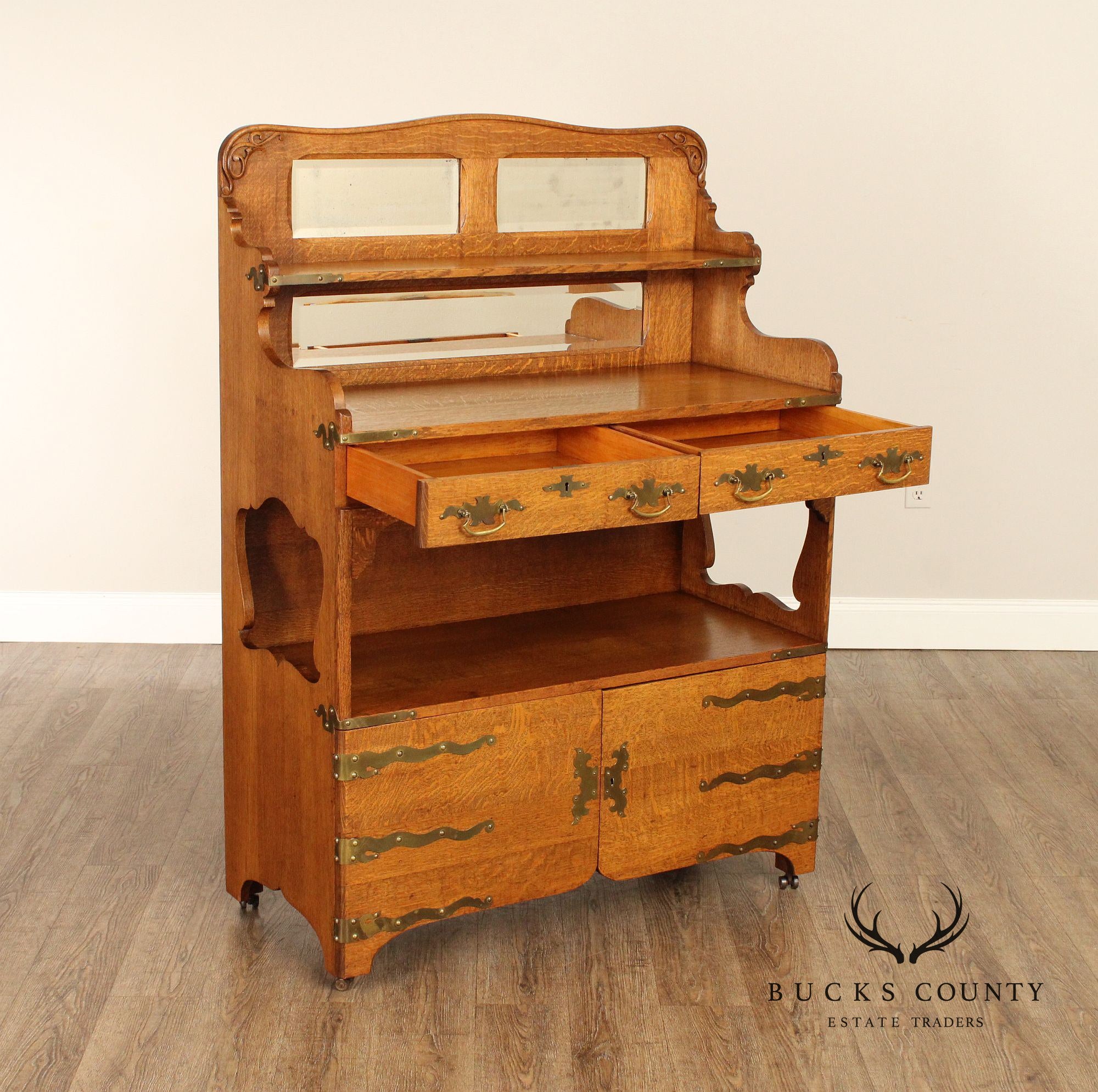 Antique Victorian Golden Oak Sideboard With Mirrored Back
