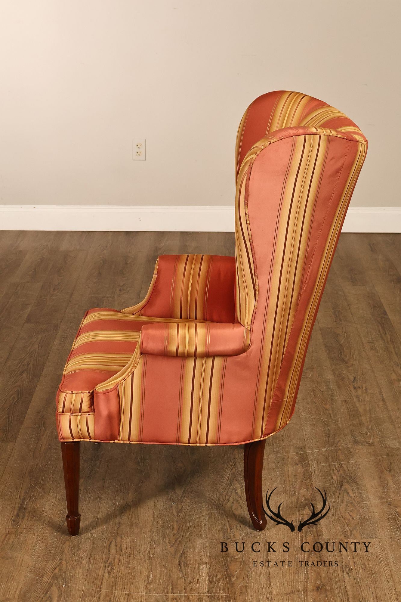 Custom Quality Pair Of Mahogany Fanback Wing Chairs