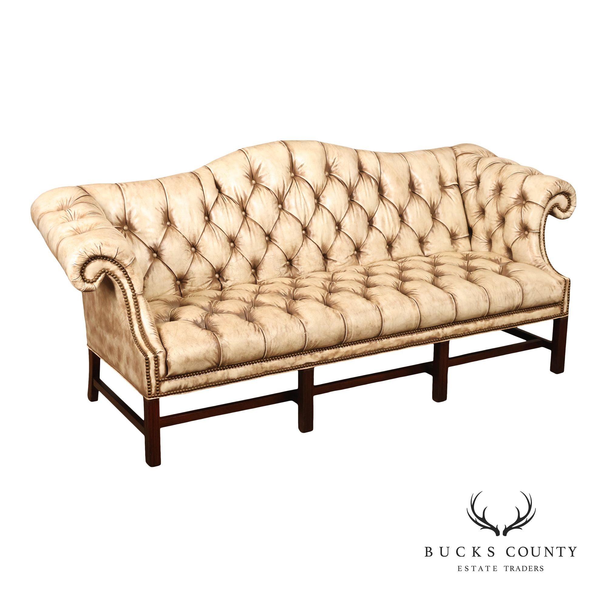 Chippendale Style Camelback Vintage Tufted Chesterfield Leather Sofa