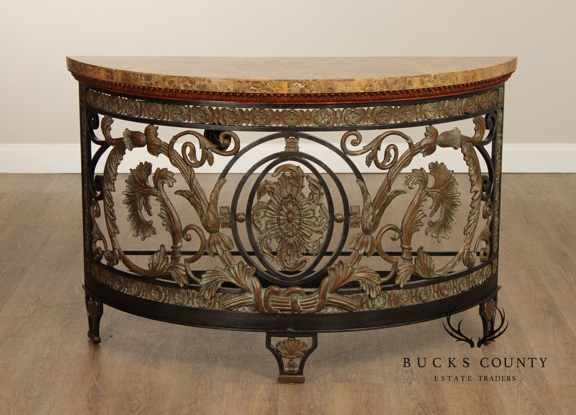 Maitland Smith Marble Top Demilune Wrought Iron Console Table