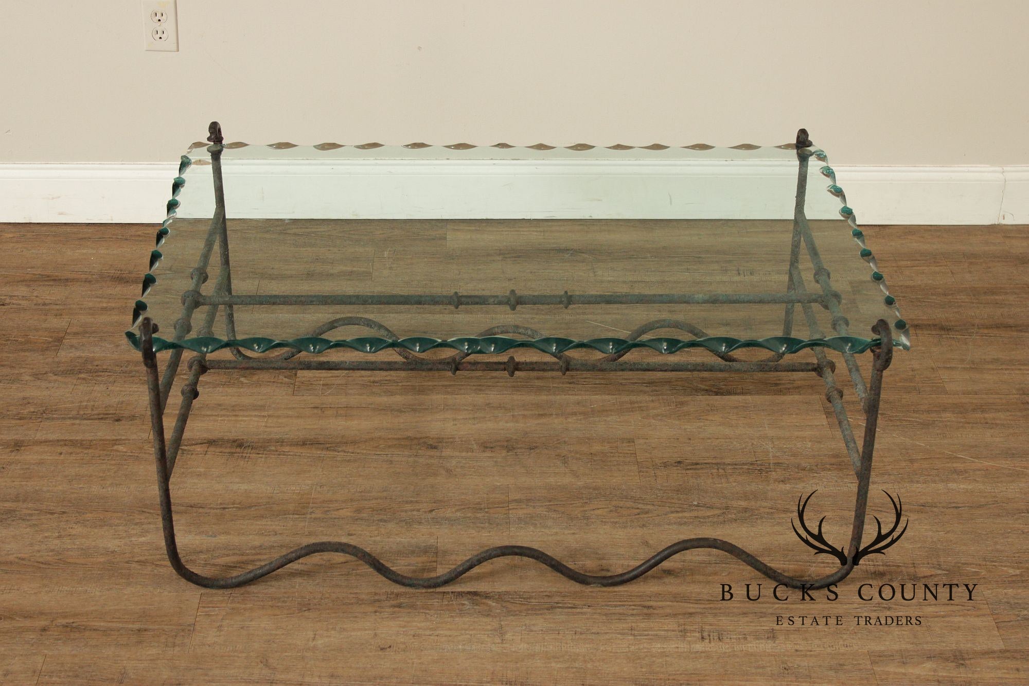 Modernist Glass Top Wrought Iron Coffee Table