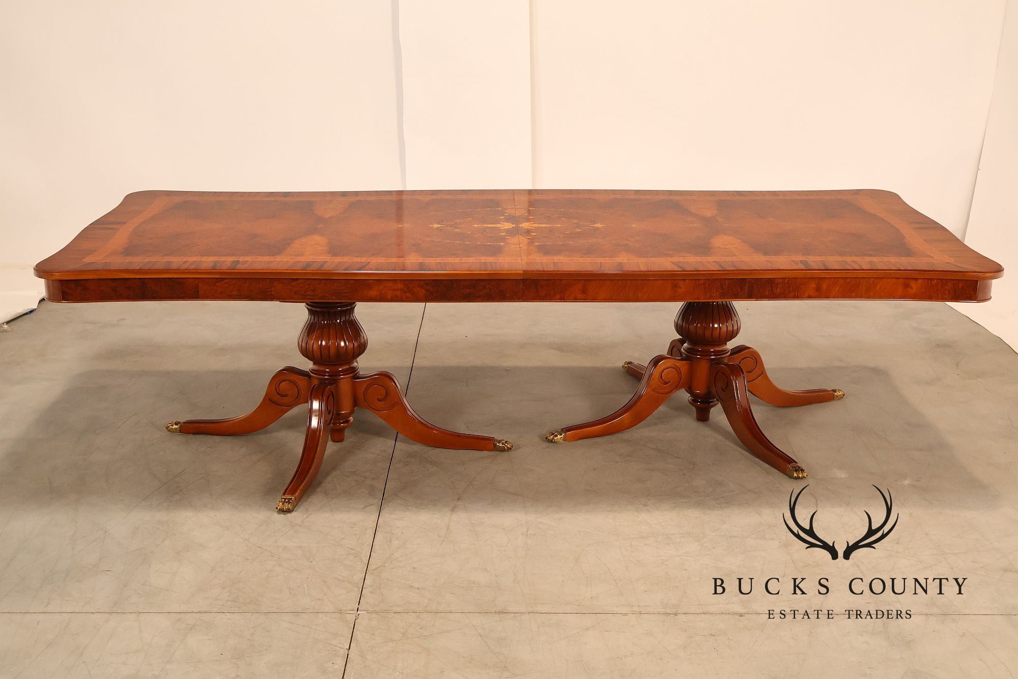 Exceptional Italian Burlwood Inlaid Double Pedestal Extendable Dining Table
